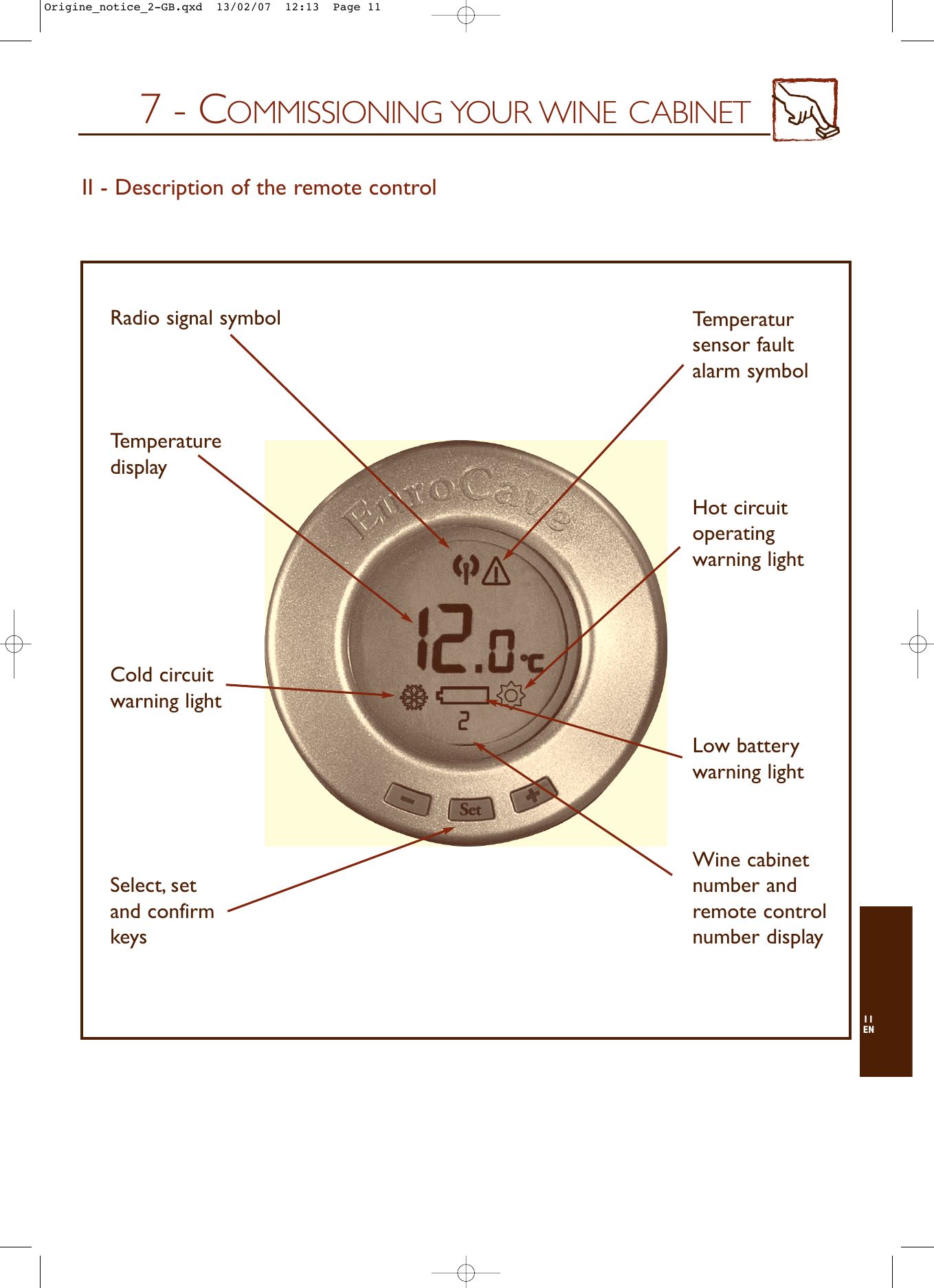11EN7 - COMMISSIONING YOUR WINE CABINETII - Description of the remote controlRadio signal symbolSelect, set and confirm keysTemperatursensor fault alarm symbolHot circuitoperating warning lightLow batterywarning lightWine cabinet number and remote control number displayTemperature displayCold circuitwarning lightOrigine_notice_2-GB.qxd  13/02/07  12:13  Page 11