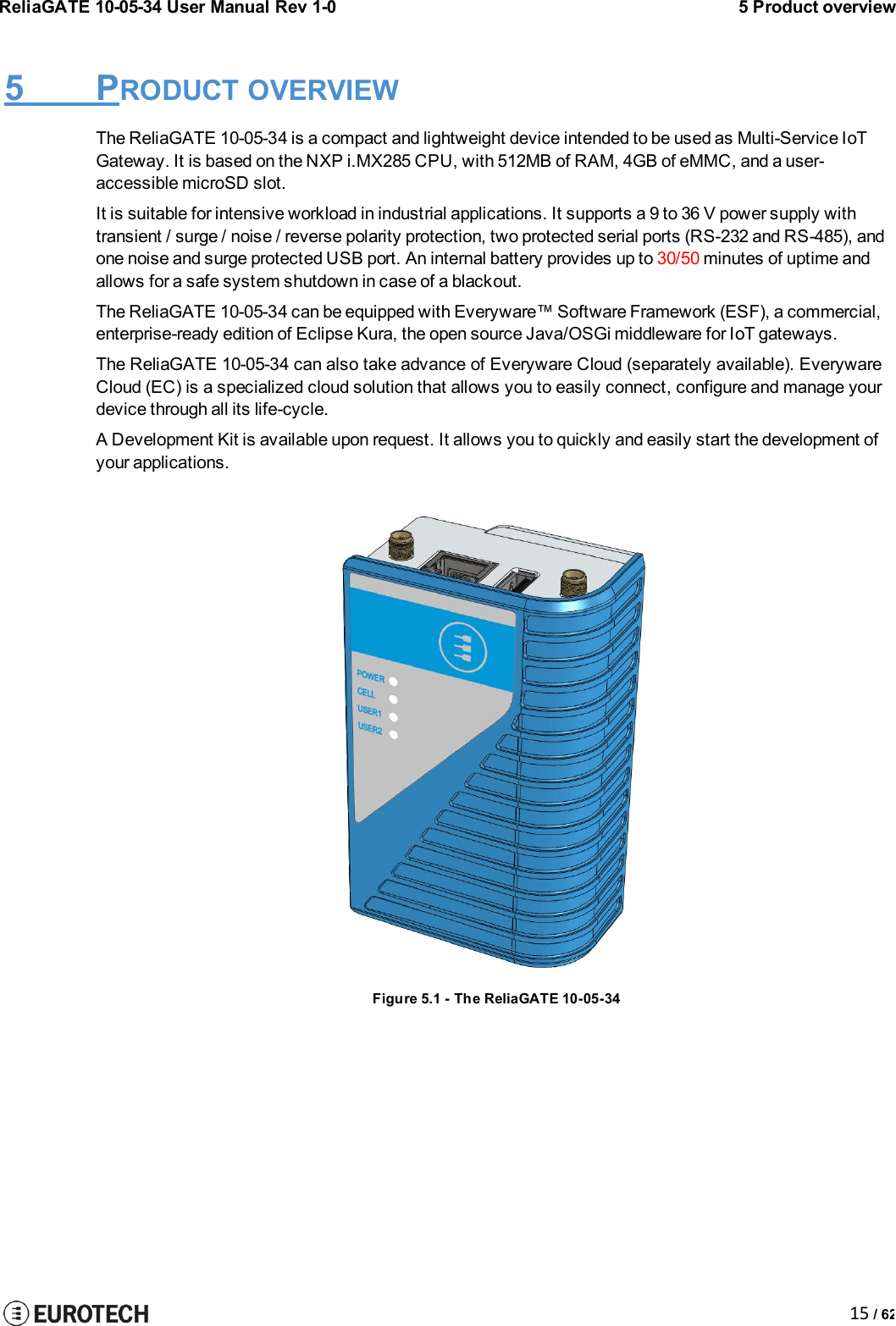 ReliaGATE 10-05-34 User Manual Rev 1-05 Product overview15 / 625 PRODUCT OVERVIEWThe ReliaGATE 10-05-34 is a compact and lightweight device intended to be used as Multi-Service IoTGateway. It is based on the NXP i.MX285 CPU, with 512MB of RAM, 4GB of eMMC, and a user-accessible microSD slot.It is suitable for intensive workload in industrial applications. It supports a 9 to 36 V power supply withtransient / surge / noise / reverse polarity protection, two protected serial ports (RS-232 and RS-485), andone noise and surge protected USB port. An internal battery provides up to 30/50 minutes of uptime andallows for a safe system shutdown in case of a blackout.The ReliaGATE 10-05-34 can be equipped with Everyware™ Software Framework (ESF), a commercial,enterprise-ready edition of Eclipse Kura, the open source Java/OSGi middleware for IoT gateways.The ReliaGATE 10-05-34 can also take advance of Everyware Cloud (separately available). EverywareCloud (EC) is a specialized cloud solution that allows you to easily connect, configure and manage yourdevice through all its life-cycle.A Development Kit is available upon request. It allows you to quickly and easily start the development ofyour applications.Figure 5.1 - The ReliaGATE 10-05-34