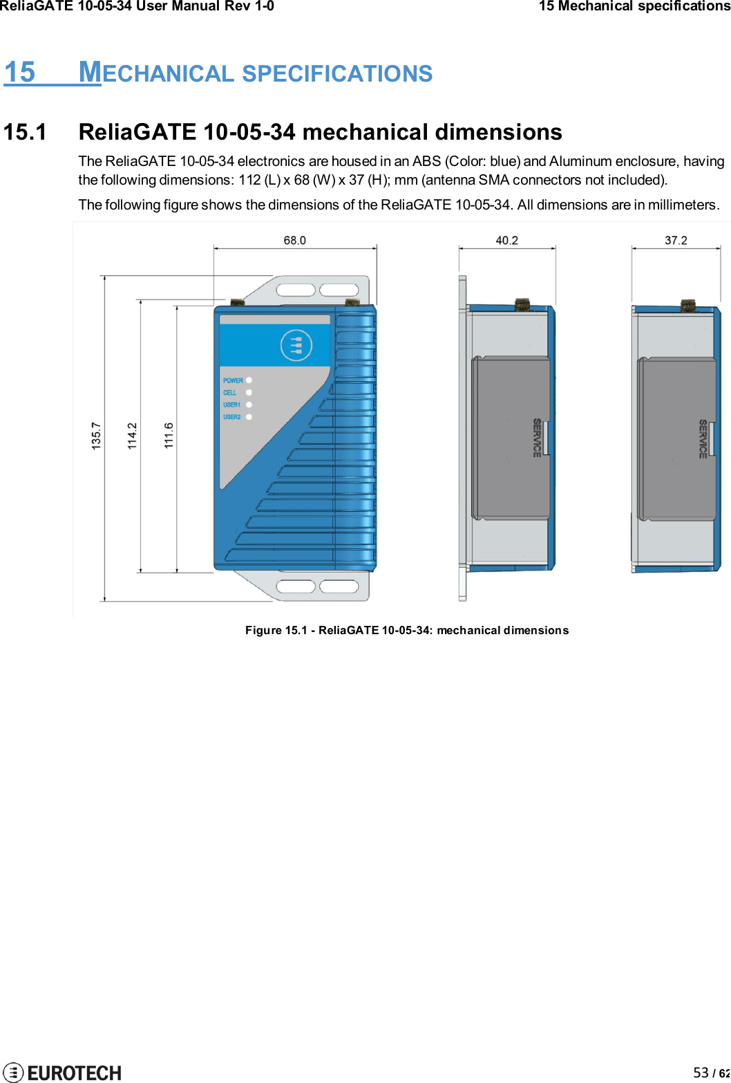 ReliaGATE 10-05-34 User Manual Rev 1-015 Mechanical specifications53 / 6215 MECHANICAL SPECIFICATIONS15.1 ReliaGATE 10-05-34 mechanical dimensionsThe ReliaGATE 10-05-34 electronics are housed in an ABS (Color: blue) and Aluminum enclosure, havingthe following dimensions: 112 (L) x 68 (W) x 37 (H); mm (antenna SMA connectors not included).The following figure shows the dimensions of the ReliaGATE 10-05-34. All dimensions are in millimeters.Figure 15.1 - ReliaGATE 10-05-34: mechanicaldimensions