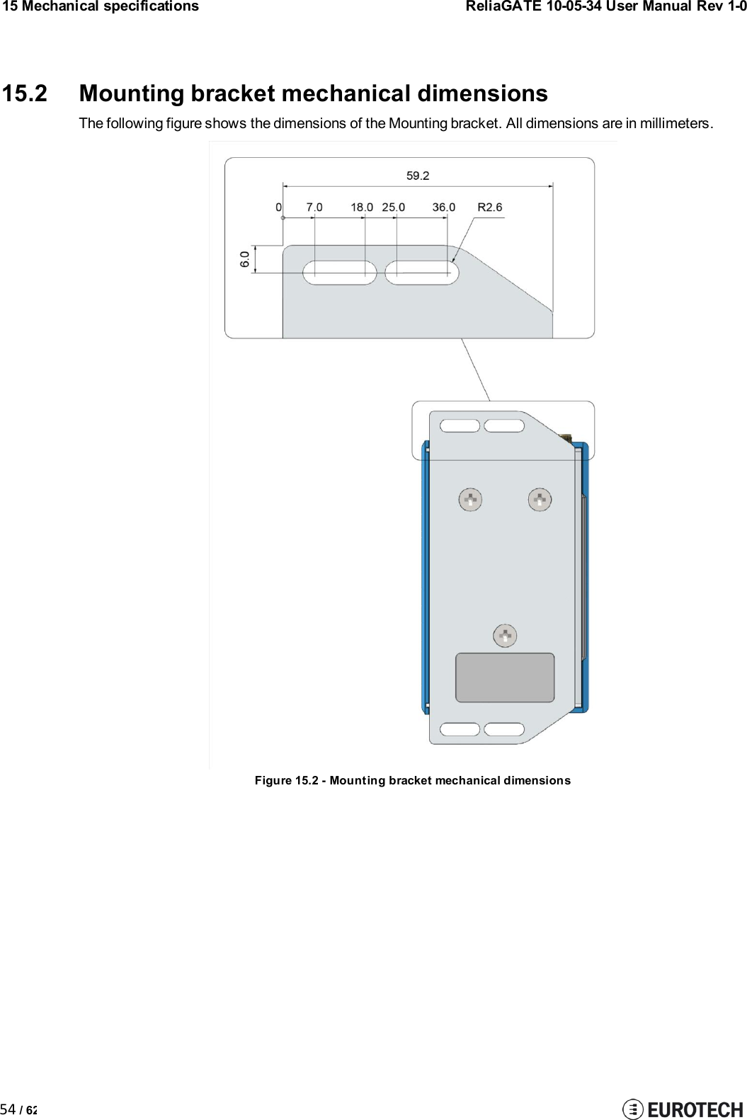 15 Mechanical specificationsReliaGATE 10-05-34 User Manual Rev 1-054 / 6215.2 Mounting bracket mechanical dimensionsThe following figure shows the dimensions of the Mounting bracket. All dimensions are in millimeters.Figure 15.2 - Mounting bracket mechanical dimensions