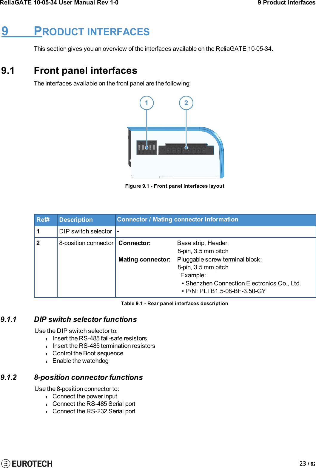 ReliaGATE 10-05-34 User Manual Rev 1-09 Product interfaces23 / 629 PRODUCT INTERFACESThis section gives you an overview of the interfaces available on the ReliaGATE 10-05-34.9.1 Front panel interfacesThe interfaces available on the front panel are the following:Figure 9.1 - Front panel interfaces layoutRef#DescriptionConnector / Mating connector information1DIP switch selector-28-position connectorConnector: Base strip, Header;8-pin, 3.5 mm pitchMating connector: Pluggable screw terminal block;8-pin, 3.5 mm pitchExample:• Shenzhen Connection Electronics Co., Ltd.• P/N: PLTB1.5-08-BF-3.50-GYTable 9.1 - Rear panel interfaces description9.1.1 DIP switch selector functionsUse the DIP switch selectorto:lInsert the RS-485 fail-safe resistorslInsert the RS-485 termination resistorslControl the Boot sequencelEnable the watchdog9.1.2 8-position connector functionsUse the 8-position connectorto:lConnect the power inputlConnect the RS-485 Serial portlConnect the RS-232 Serial port