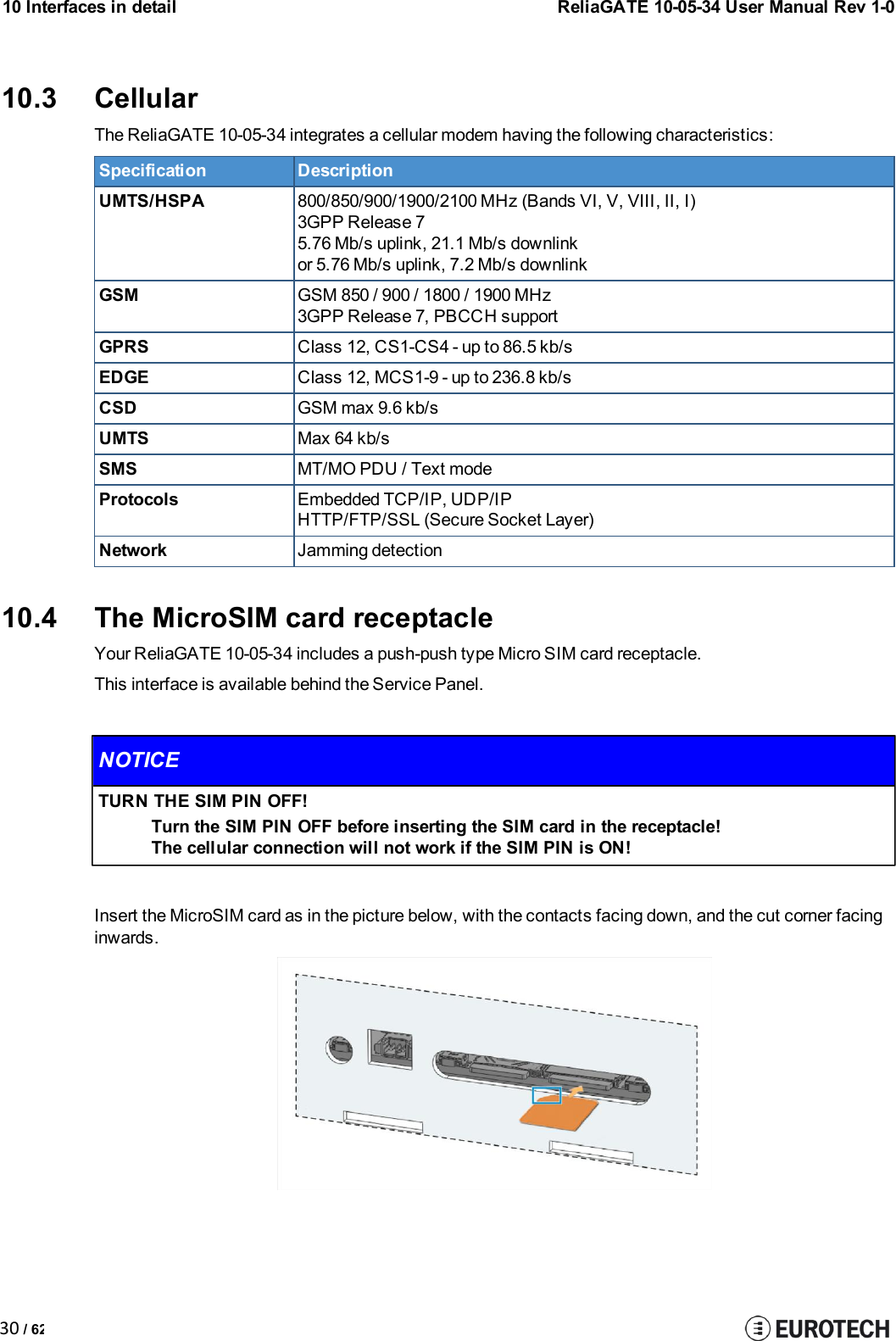 10 Interfaces in detailReliaGATE 10-05-34 User Manual Rev 1-030 / 6210.3 CellularThe ReliaGATE 10-05-34 integrates a cellular modem having the following characteristics:SpecificationDescriptionUMTS/HSPA800/850/900/1900/2100 MHz (Bands VI, V, VIII, II, I)3GPP Release 75.76 Mb/s uplink, 21.1 Mb/s downlinkor 5.76 Mb/s uplink, 7.2 Mb/s downlinkGSMGSM 850 / 900 / 1800 / 1900 MHz3GPP Release 7, PBCCH supportGPRSClass 12, CS1-CS4 - up to 86.5 kb/sEDGEClass 12, MCS1-9 - up to 236.8 kb/sCSDGSM max 9.6 kb/sUMTSMax 64 kb/sSMSMT/MO PDU / Text modeProtocolsEmbedded TCP/IP, UDP/IPHTTP/FTP/SSL(Secure Socket Layer)NetworkJamming detection10.4 The MicroSIM card receptacleYour ReliaGATE 10-05-34 includes a push-push type Micro SIM card receptacle.This interface is available behind the Service Panel.NOTICETURN THE SIM PIN OFF!Turn the SIM PIN OFF before inserting the SIM card in the receptacle!The cellular connection will not work if the SIM PIN is ON!Insert the MicroSIM card as in the picture below, with the contacts facing down, and the cut corner facinginwards.