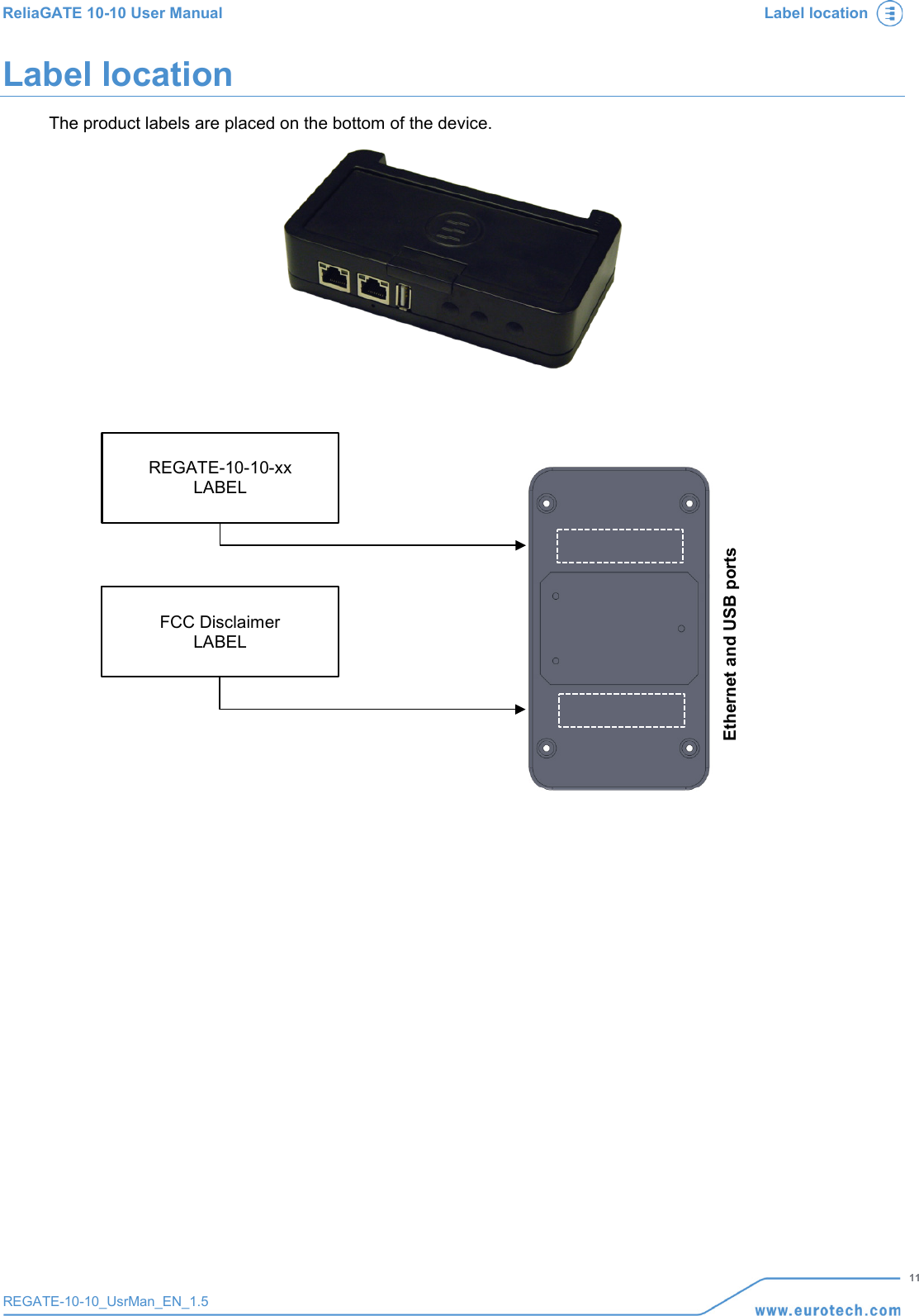 ReliaGATE 10-10 User Manual Label location   11 REGATE-10-10_UsrMan_EN_1.5  Label location The product labels are placed on the bottom of the device.                           Ethernet and USB ports REGATE-10-10-xx LABEL FCC Disclaimer  LABEL 