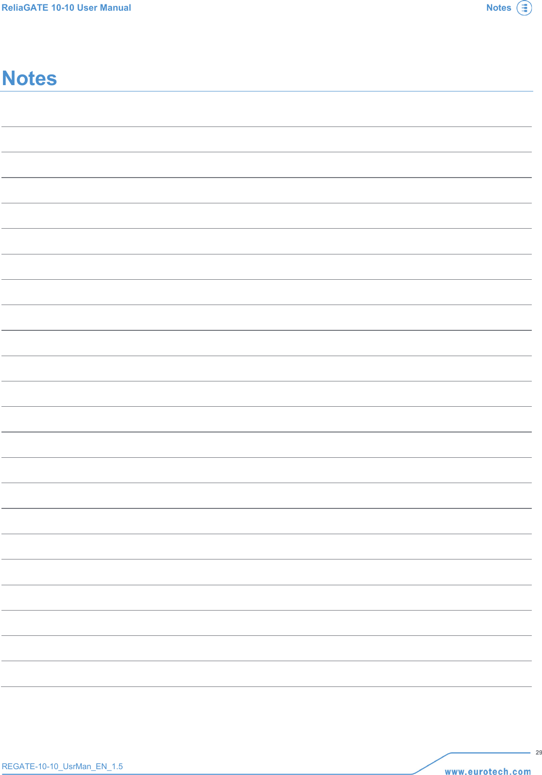 ReliaGATE 10-10 User Manual Notes   29 REGATE-10-10_UsrMan_EN_1.5  Notes                          