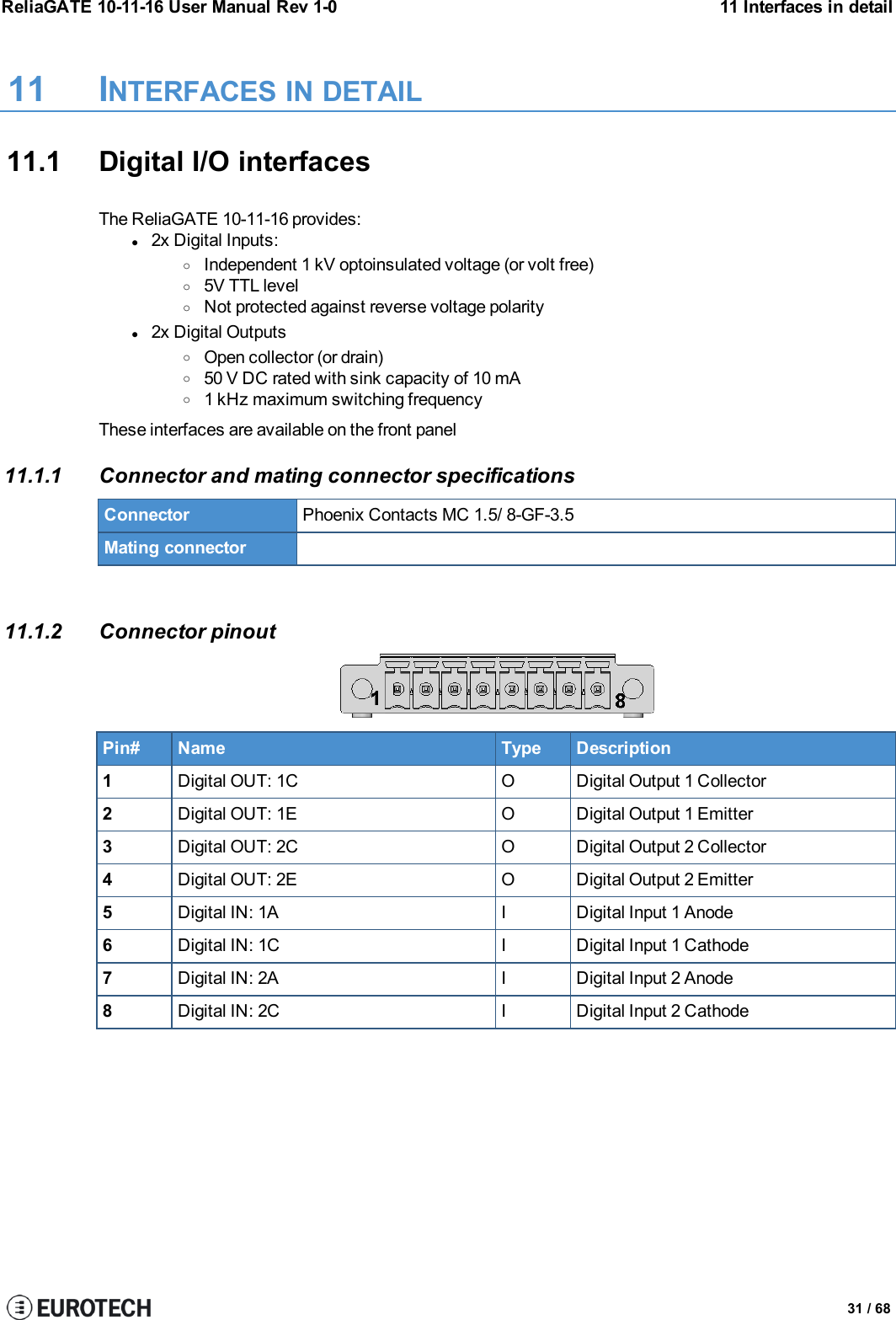 ReliaGATE 10-11-16 User Manual Rev 1-0 11 Interfaces in detail11 INTERFACES IN DETAIL11.1 Digital I/O interfacesThe ReliaGATE 10-11-16 provides:l2x Digital Inputs:oIndependent 1 kV optoinsulated voltage (or volt free)o5V TTL leveloNot protected against reverse voltage polarityl2x Digital OutputsoOpen collector (or drain)o50 V DC rated with sink capacity of 10 mAo1 kHz maximum switching frequencyThese interfaces are available on the front panel11.1.1 Connector and mating connector specificationsConnector Phoenix Contacts MC 1.5/ 8-GF-3.5Mating connector11.1.2 Connector pinoutPin# Name Type Description1Digital OUT: 1C O Digital Output 1 Collector2Digital OUT: 1E O Digital Output 1 Emitter3Digital OUT: 2C O Digital Output 2 Collector4Digital OUT: 2E O Digital Output 2 Emitter5Digital IN: 1A I Digital Input 1 Anode6Digital IN: 1C I Digital Input 1 Cathode7Digital IN: 2A I Digital Input 2 Anode8Digital IN: 2C I Digital Input 2 Cathode31 / 68