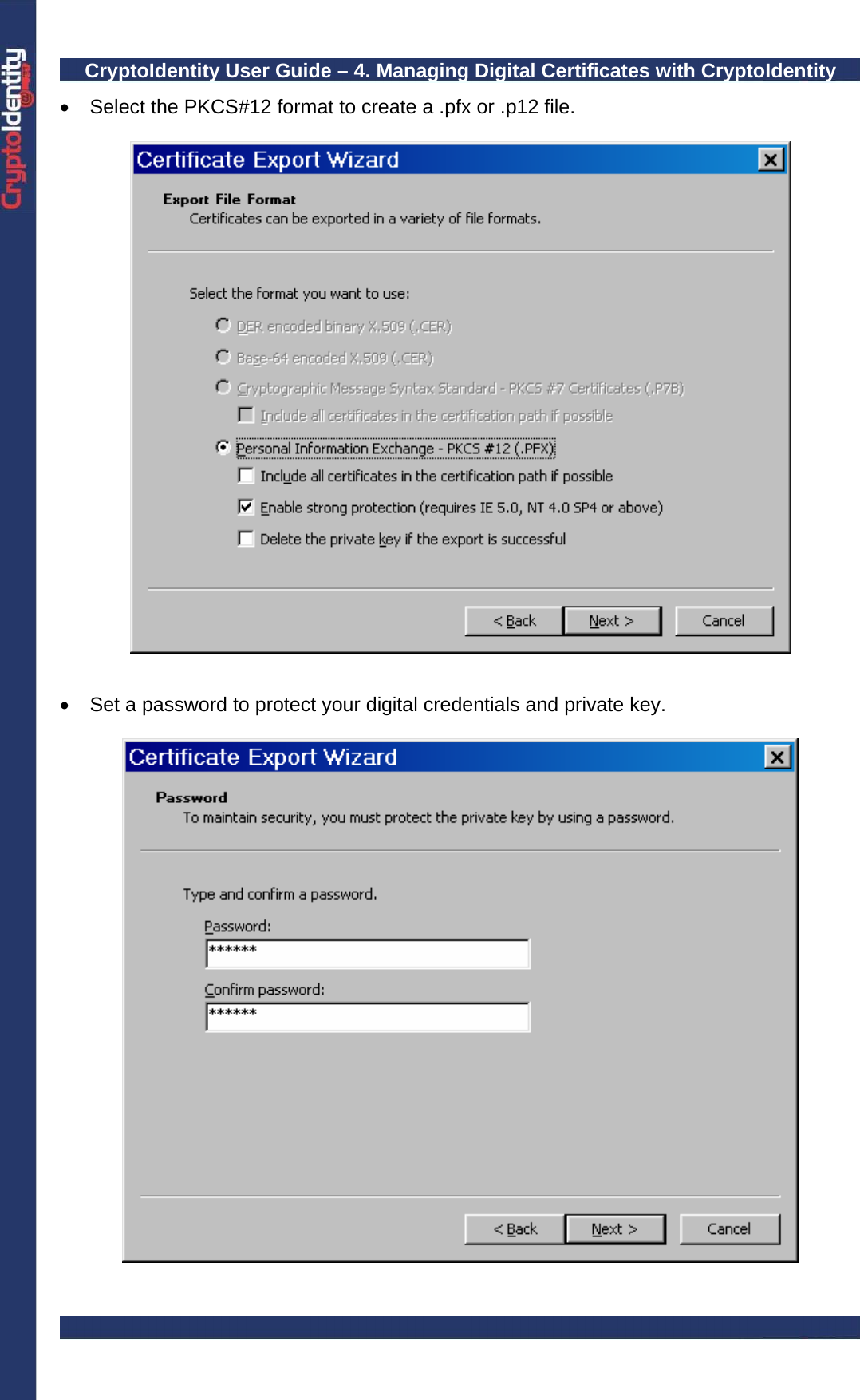 CryptoIdentity User Guide – 4. Managing Digital Certificates with CryptoIdentity  •  Select the PKCS#12 format to create a .pfx or .p12 file.      •  Set a password to protect your digital credentials and private key.   
