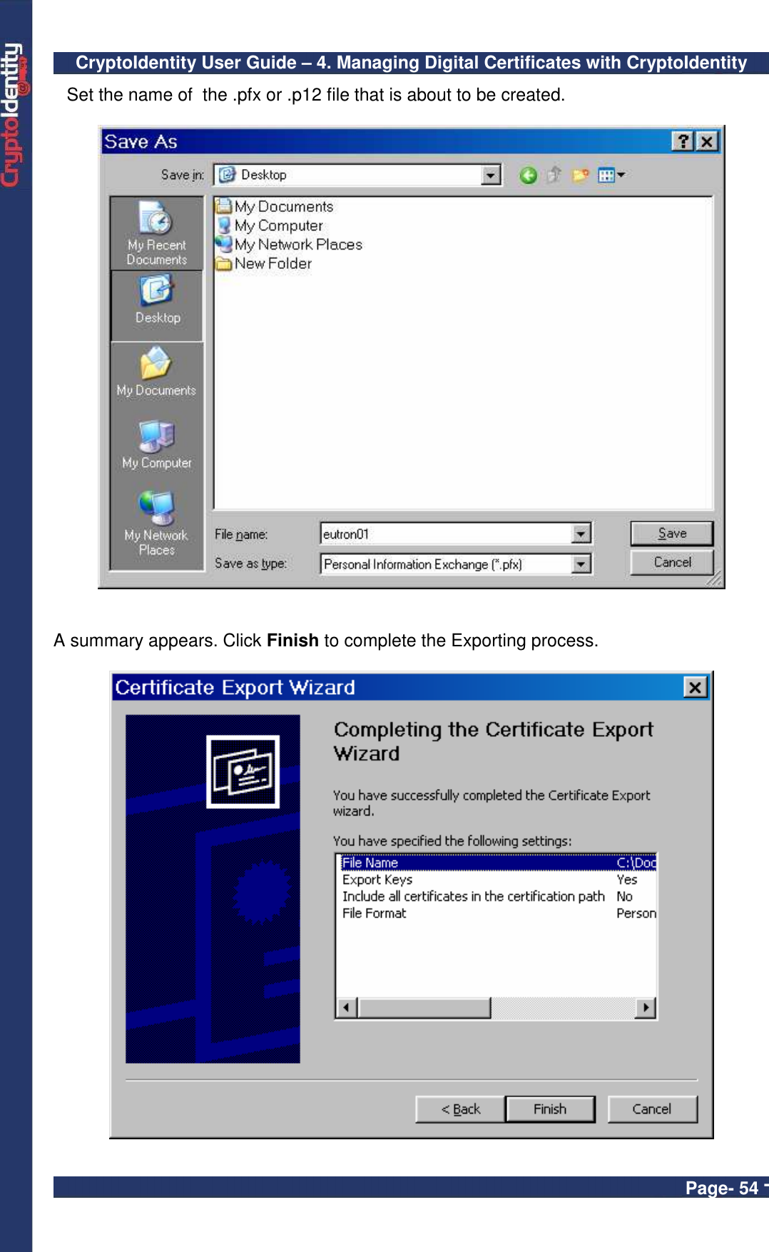 CryptoIdentity User Guide – 4. Managing Digital Certificates with CryptoIdentity  Page- 54 - Set the name of  the .pfx or .p12 file that is about to be created.     A summary appears. Click Finish to complete the Exporting process.   