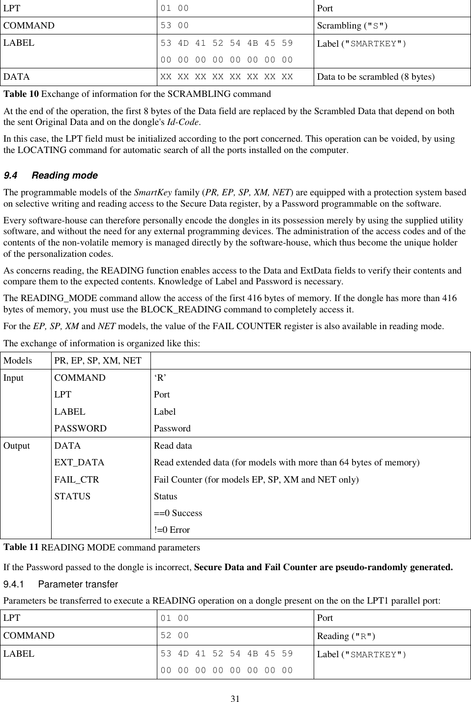 31 LPT  01 00 Port COMMAND  53 00 Scrambling (&quot;S&quot;) LABEL  53 4D 41 52 54 4B 45 59 00 00 00 00 00 00 00 00 Label (&quot;SMARTKEY&quot;) DATA  XX XX XX XX XX XX XX XX Data to be scrambled (8 bytes) Table 10 Exchange of information for the SCRAMBLING command At the end of the operation, the first 8 bytes of the Data field are replaced by the Scrambled Data that depend on both the sent Original Data and on the dongle&apos;s Id-Code. In this case, the LPT field must be initialized according to the port concerned. This operation can be voided, by using the LOCATING command for automatic search of all the ports installed on the computer. 9.4  Reading mode The programmable models of the SmartKey family (PR, EP, SP, XM, NET) are equipped with a protection system based on selective writing and reading access to the Secure Data register, by a Password programmable on the software. Every software-house can therefore personally encode the dongles in its possession merely by using the supplied utility software, and without the need for any external programming devices. The administration of the access codes and of the contents of the non-volatile memory is managed directly by the software-house, which thus become the unique holder of the personalization codes. As concerns reading, the READING function enables access to the Data and ExtData fields to verify their contents and compare them to the expected contents. Knowledge of Label and Password is necessary.  The READING_MODE command allow the access of the first 416 bytes of memory. If the dongle has more than 416 bytes of memory, you must use the BLOCK_READING command to completely access it. For the EP, SP, XM and NET models, the value of the FAIL COUNTER register is also available in reading mode. The exchange of information is organized like this: Models  PR, EP, SP, XM, NET   Input  COMMAND  ‘R’   LPT  Port   LABEL  Label   PASSWORD  Password Output  DATA  Read data   EXT_DATA  Read extended data (for models with more than 64 bytes of memory)   FAIL_CTR  Fail Counter (for models EP, SP, XM and NET only)   STATUS  Status ==0 Success !=0 Error Table 11 READING MODE command parameters  If the Password passed to the dongle is incorrect, Secure Data and Fail Counter are pseudo-randomly generated. 9.4.1  Parameter transfer Parameters be transferred to execute a READING operation on a dongle present on the on the LPT1 parallel port: LPT  01 00 Port COMMAND  52 00 Reading (&quot;R&quot;) LABEL  53 4D 41 52 54 4B 45 59 00 00 00 00 00 00 00 00 Label (&quot;SMARTKEY&quot;) 