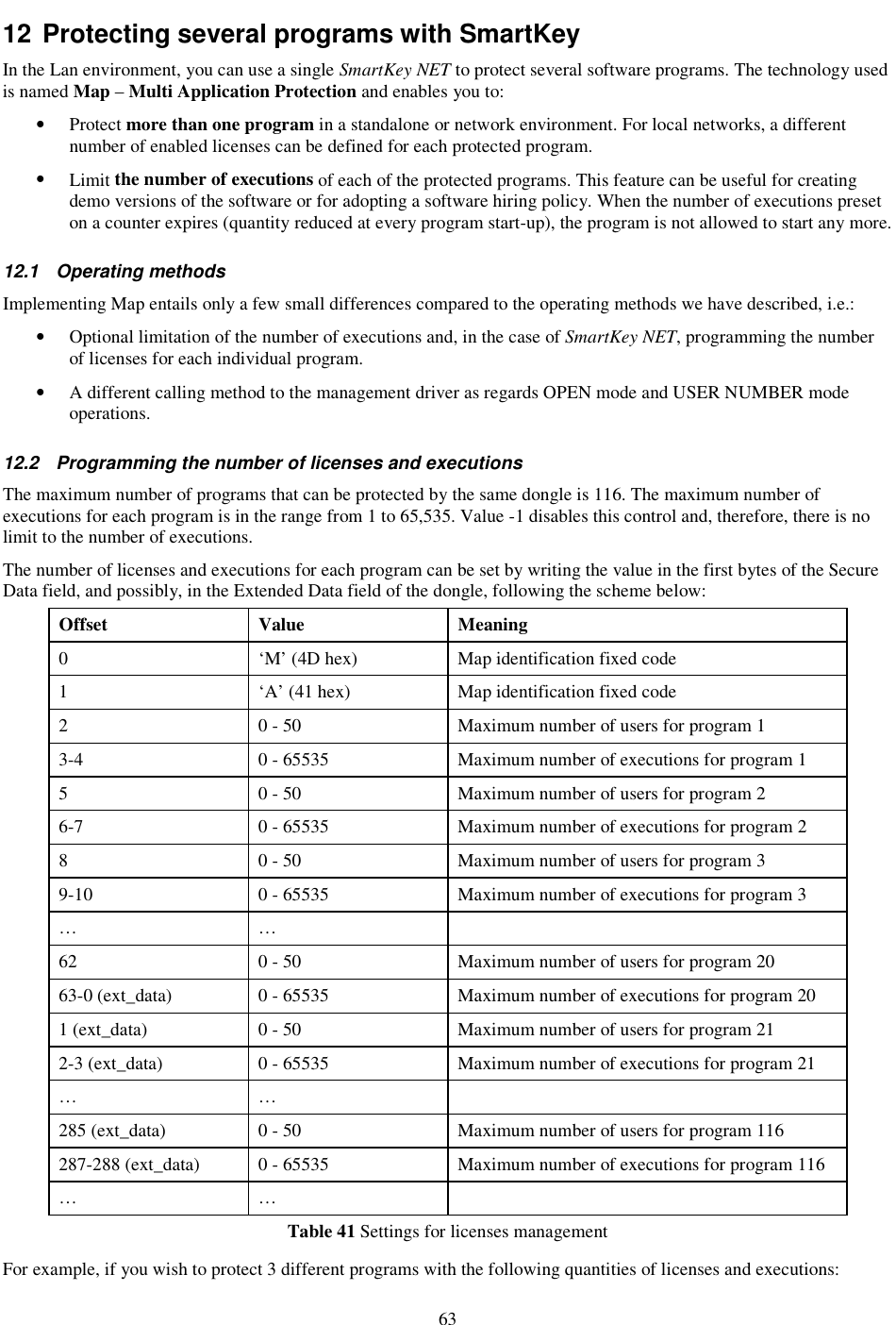 63 12 Protecting several programs with SmartKey In the Lan environment, you can use a single SmartKey NET to protect several software programs. The technology used is named Map – Multi Application Protection and enables you to:  •  Protect more than one program in a standalone or network environment. For local networks, a different number of enabled licenses can be defined for each protected program. •  Limit the number of executions of each of the protected programs. This feature can be useful for creating demo versions of the software or for adopting a software hiring policy. When the number of executions preset on a counter expires (quantity reduced at every program start-up), the program is not allowed to start any more. 12.1  Operating methods Implementing Map entails only a few small differences compared to the operating methods we have described, i.e.: •  Optional limitation of the number of executions and, in the case of SmartKey NET, programming the number of licenses for each individual program. •  A different calling method to the management driver as regards OPEN mode and USER NUMBER mode operations. 12.2  Programming the number of licenses and executions  The maximum number of programs that can be protected by the same dongle is 116. The maximum number of executions for each program is in the range from 1 to 65,535. Value -1 disables this control and, therefore, there is no limit to the number of executions. The number of licenses and executions for each program can be set by writing the value in the first bytes of the Secure Data field, and possibly, in the Extended Data field of the dongle, following the scheme below: Offset  Value  Meaning 0  ‘M’ (4D hex)  Map identification fixed code 1  ‘A’ (41 hex)  Map identification fixed code 2  0 - 50   Maximum number of users for program 1 3-4  0 - 65535  Maximum number of executions for program 1 5  0 - 50  Maximum number of users for program 2 6-7  0 - 65535  Maximum number of executions for program 2 8  0 - 50  Maximum number of users for program 3 9-10  0 - 65535  Maximum number of executions for program 3 …  …   62  0 - 50  Maximum number of users for program 20 63-0 (ext_data)  0 - 65535  Maximum number of executions for program 20 1 (ext_data)  0 - 50  Maximum number of users for program 21 2-3 (ext_data)  0 - 65535  Maximum number of executions for program 21 …  …   285 (ext_data)  0 - 50  Maximum number of users for program 116 287-288 (ext_data)  0 - 65535  Maximum number of executions for program 116 …  …   Table 41 Settings for licenses management  For example, if you wish to protect 3 different programs with the following quantities of licenses and executions:  