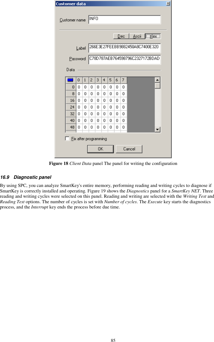 85  Figure 18 Client Data panel The panel for writing the configuration 16.9  Diagnostic panel By using SPC, you can analyze SmartKey&apos;s entire memory, performing reading and writing cycles to diagnose if SmartKey is correctly installed and operating. Figure 19 shows the Diagnostics panel for a SmartKey NET. Three reading and writing cycles were selected on this panel. Reading and writing are selected with the Writing Test and Reading Test options. The number of cycles is set with Number of cycles. The Execute key starts the diagnostics process, and the Interrupt key ends the process before due time. 