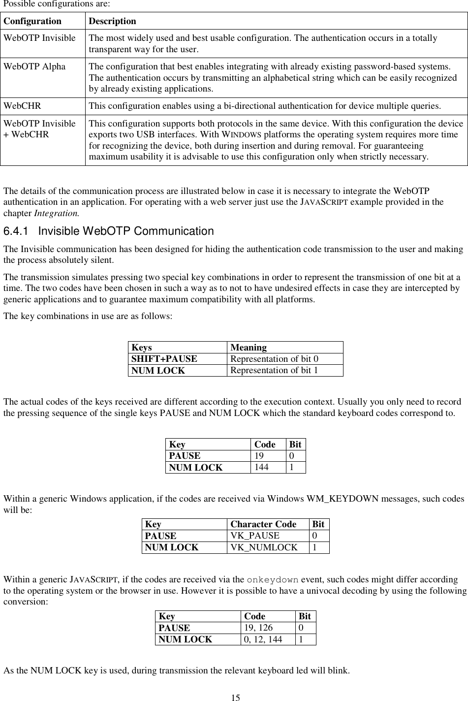 15 Possible configurations are: Configuration  Description WebOTP Invisible  The most widely used and best usable configuration. The authentication occurs in a totally transparent way for the user. WebOTP Alpha  The configuration that best enables integrating with already existing password-based systems. The authentication occurs by transmitting an alphabetical string which can be easily recognized by already existing applications. WebCHR  This configuration enables using a bi-directional authentication for device multiple queries. WebOTP Invisible + WebCHR  This configuration supports both protocols in the same device. With this configuration the device exports two USB interfaces. With WINDOWS platforms the operating system requires more time for recognizing the device, both during insertion and during removal. For guaranteeing maximum usability it is advisable to use this configuration only when strictly necessary.  The details of the communication process are illustrated below in case it is necessary to integrate the WebOTP authentication in an application. For operating with a web server just use the JAVASCRIPT example provided in the chapter Integration. 6.4.1  Invisible WebOTP Communication The Invisible communication has been designed for hiding the authentication code transmission to the user and making the process absolutely silent. The transmission simulates pressing two special key combinations in order to represent the transmission of one bit at a time. The two codes have been chosen in such a way as to not to have undesired effects in case they are intercepted by generic applications and to guarantee maximum compatibility with all platforms. The key combinations in use are as follows:  Keys  Meaning SHIFT+PAUSE  Representation of bit 0 NUM LOCK  Representation of bit 1  The actual codes of the keys received are different according to the execution context. Usually you only need to record the pressing sequence of the single keys PAUSE and NUM LOCK which the standard keyboard codes correspond to.  Key  Code  Bit PAUSE  19  0 NUM LOCK  144  1  Within a generic Windows application, if the codes are received via Windows WM_KEYDOWN messages, such codes will be: Key  Character Code  Bit PAUSE  VK_PAUSE  0 NUM LOCK  VK_NUMLOCK  1  Within a generic JAVASCRIPT, if the codes are received via the onkeydown event, such codes might differ according to the operating system or the browser in use. However it is possible to have a univocal decoding by using the following conversion: Key  Code   Bit PAUSE  19, 126  0 NUM LOCK  0, 12, 144  1  As the NUM LOCK key is used, during transmission the relevant keyboard led will blink. 
