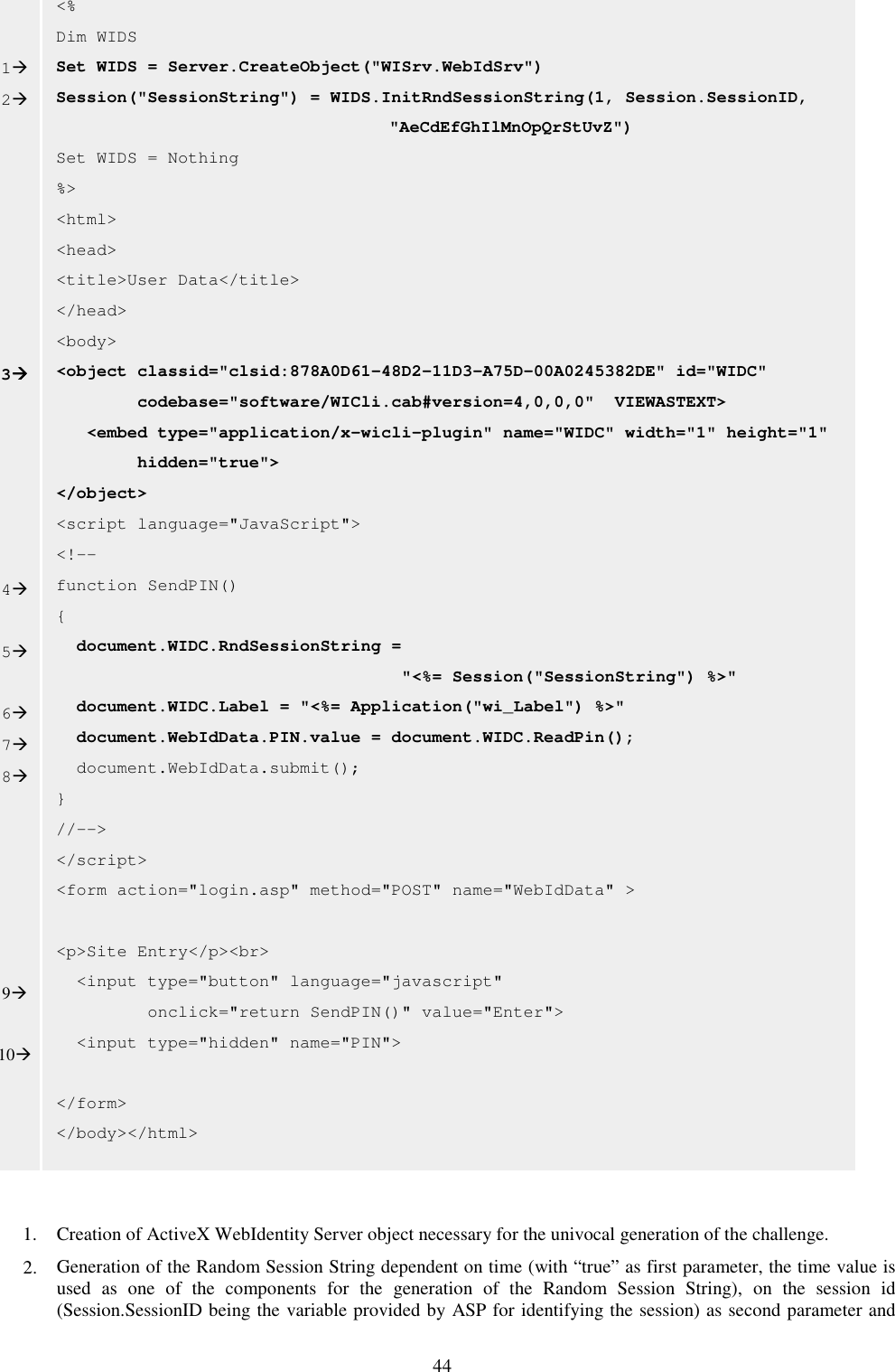 44                                      1. Creation of ActiveX WebIdentity Server object necessary for the univocal generation of the challenge. 2. Generation of the Random Session String dependent on time (with “true” as first parameter, the time value is used  as  one  of  the  components  for  the  generation  of  the  Random  Session  String),  on  the  session  id (Session.SessionID being the variable provided by ASP for identifying the session) as second parameter and &lt;% Dim WIDS Set WIDS = Server.CreateObject(&quot;WISrv.WebIdSrv&quot;) Session(&quot;SessionString&quot;) = WIDS.InitRndSessionString(1, Session.SessionID,  &quot;AeCdEfGhIlMnOpQrStUvZ&quot;) Set WIDS = Nothing %&gt; &lt;html&gt; &lt;head&gt; &lt;title&gt;User Data&lt;/title&gt; &lt;/head&gt; &lt;body&gt; &lt;object classid=&quot;clsid:878A0D61-48D2-11D3-A75D-00A0245382DE&quot; id=&quot;WIDC&quot;          codebase=&quot;software/WICli.cab#version=4,0,0,0&quot;  VIEWASTEXT&gt;      &lt;embed type=&quot;application/x-wicli-plugin&quot; name=&quot;WIDC&quot; width=&quot;1&quot; height=&quot;1&quot;          hidden=&quot;true&quot;&gt; &lt;/object&gt; &lt;script language=&quot;JavaScript&quot;&gt; &lt;!-- function SendPIN()   {   document.WIDC.RndSessionString =                                    &quot;&lt;%= Session(&quot;SessionString&quot;) %&gt;&quot;   document.WIDC.Label = &quot;&lt;%= Application(&quot;wi_Label&quot;) %&gt;&quot;   document.WebIdData.PIN.value = document.WIDC.ReadPin();   document.WebIdData.submit(); } //--&gt; &lt;/script&gt; &lt;form action=&quot;login.asp&quot; method=&quot;POST&quot; name=&quot;WebIdData&quot; &gt;    &lt;p&gt;Site Entry&lt;/p&gt;&lt;br&gt;   &lt;input type=&quot;button&quot; language=&quot;javascript&quot;           onclick=&quot;return SendPIN()&quot; value=&quot;Enter&quot;&gt;   &lt;input type=&quot;hidden&quot; name=&quot;PIN&quot;&gt;  &lt;/form&gt;  &lt;/body&gt;&lt;/html&gt;   1 2         3       4  5  6 7 8       9  10  