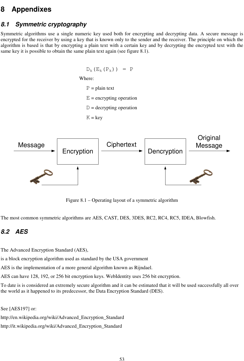 53 8  Appendixes 8.1  Symmetric cryptography Symmetric algorithms  use a  single numeric  key used  both  for  encrypting and decrypting data.  A secure  message  is encrypted for the receiver by using a key that is known only to the sender and the receiver. The principle on which the algorithm is based is that by encrypting a plain text with a certain key and by decrypting the encrypted text with the same key it is possible to obtain the same plain text again (see figure 8.1).  Dk(Ek(Pk)) = P Where: P = plain text E = encrypting operation D = decrypting operation K = key  Encryption DencryptionCiphertextMessage OriginalMessage  Figure 8.1 – Operating layout of a symmetric algorithm  The most common symmetric algorithms are AES, CAST, DES, 3DES, RC2, RC4, RC5, IDEA, Blowfish. 8.2  AES  The Advanced Encryption Standard (AES),  is a block encryption algorithm used as standard by the USA government  AES is the implementation of a more general algorithm known as Rijndael. AES can have 128, 192, or 256 bit encryption keys. WebIdentity uses 256 bit encryption. To date is is considered an extremely secure algorithm and it can be estimated that it will be used successfully all over the world as it happened to its predecessor, the Data Encryption Standard (DES).  See [AES197] or: http://en.wikipedia.org/wiki/Advanced_Encryption_Standard http://it.wikipedia.org/wiki/Advanced_Encryption_Standard 