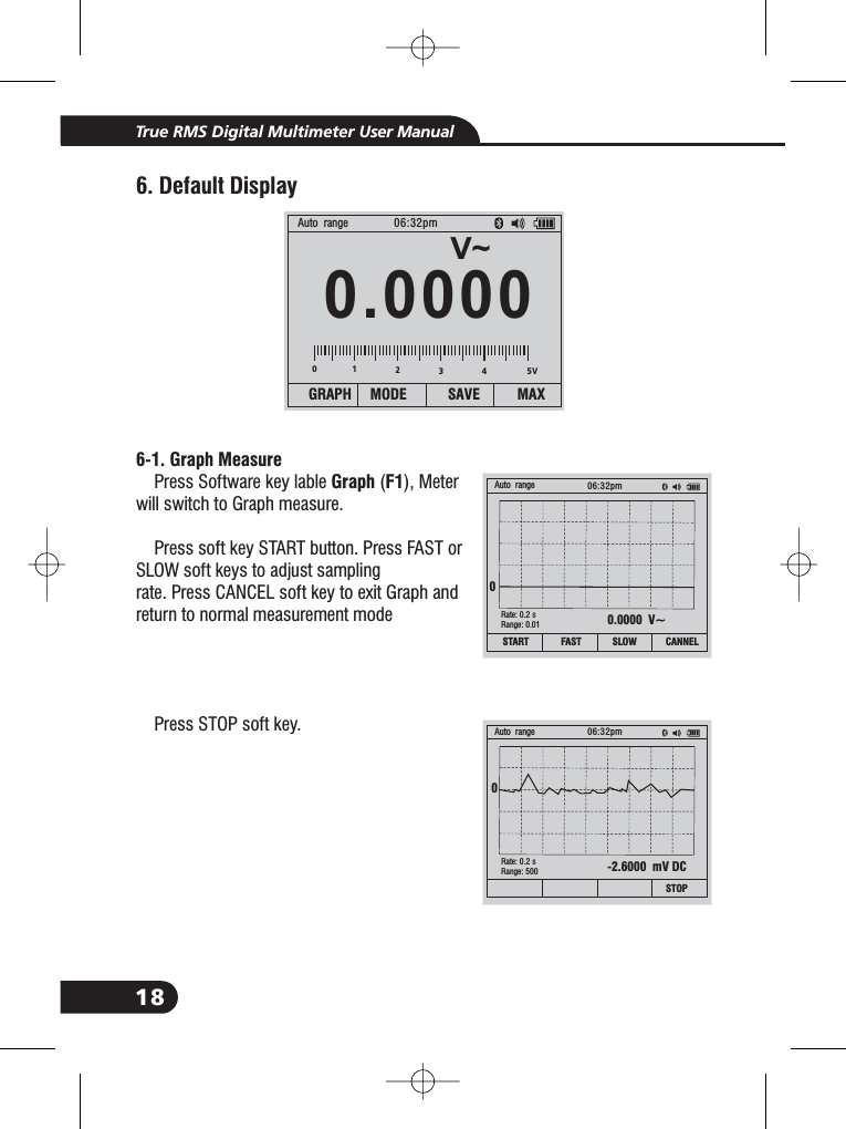 18True RMS Digital Multimeter User Manual6. Default Display6-1. Graph MeasureGraph F1Press Software key lable ( ), Meterwill switch to Graph measure.Press soft key START button. Press FAST orSLOW soft keys to adjust samplingrate. Press CANCEL soft key to exit Graph andreturn to normal measurement modePress STOP soft key.V~0 000.0Auto range 06:32pmGRAPH MODE SAVE MAX0.0000 V~SLOW CANNELFASTAuto range 06:32pm0Rate: 0.2 sRange: 0.01START012345V-2.6000 mV DCSTOPAuto range 06:32pm0Rate: 0.2 sRange: 500
