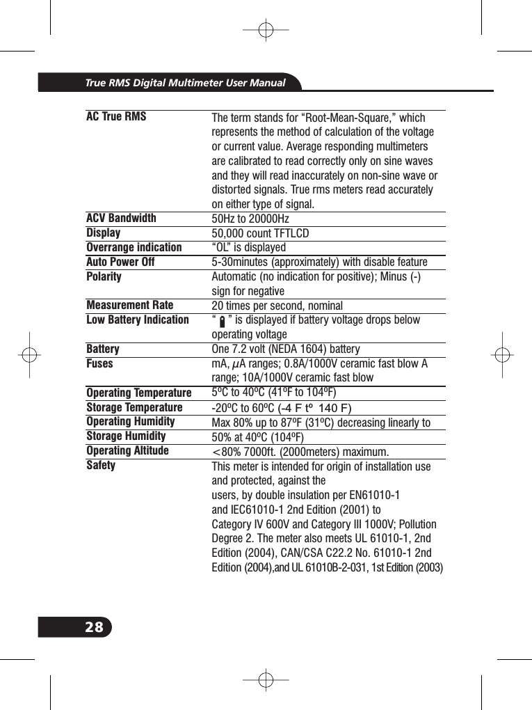 28True RMS Digital Multimeter User ManualAC True RMSACV BandwidthDisplayOverrange indicationAuto Power OffPolarityMeasurement RateLow Battery IndicationBatteryFusesOperating TemperatureStorage TemperatureOperating HumidityStorage HumidityOperating AltitudeSafetyThe term stands for &ldquo;Root-Mean-Square,&rdquo; whichrepresents the method of calculation of the voltageor current value. Average responding multimetersare calibrated to read correctly only on sine wavesand they will read inaccurately on non-sine wave ordistorted signals. True rms meters read accuratelyon either type of signal.50Hz to 20000Hz50,000 count TFTLCD&ldquo;OL&rdquo; is displayed5-30minutes (approximately) with disable featureAutomatic (no indication for positive); Minus (-)sign for negative20 times per second, nominal&ldquo; &rdquo; is displayed if battery voltage drops belowoperating voltageOne 7.2 volt (NEDA 1604) batterymA, &mu;A ranges; 0.8A/1000V ceramic fast blow Arange; 10A/1000V ceramic fast blow5&ordm;C to 40&ordm;C (41&ordm;F to 104&ordm;F)-20&ordm;C to 60&ordm;CMax 80% up to 87&ordm;F (31&ordm;C) decreasing linearly to50% at 40&ordm;C (104&ordm;F)<80% 7000ft. (2000meters) maximum.This meter is intended for origin of installation useand protected, against theusers, by double insulation per EN61010-1and IEC61010-1 2nd Edition (2001) toCategory IV 600V and Category III 1000V; PollutionDegree 2. The meter also meets UL 61010-1, 2ndEdition (2004), CAN/CSA C22.2 No. 61010-1 2ndEdition (2004),and UL 61010B-2-031, 1st Edition (2003)(-4 F to 140 F)