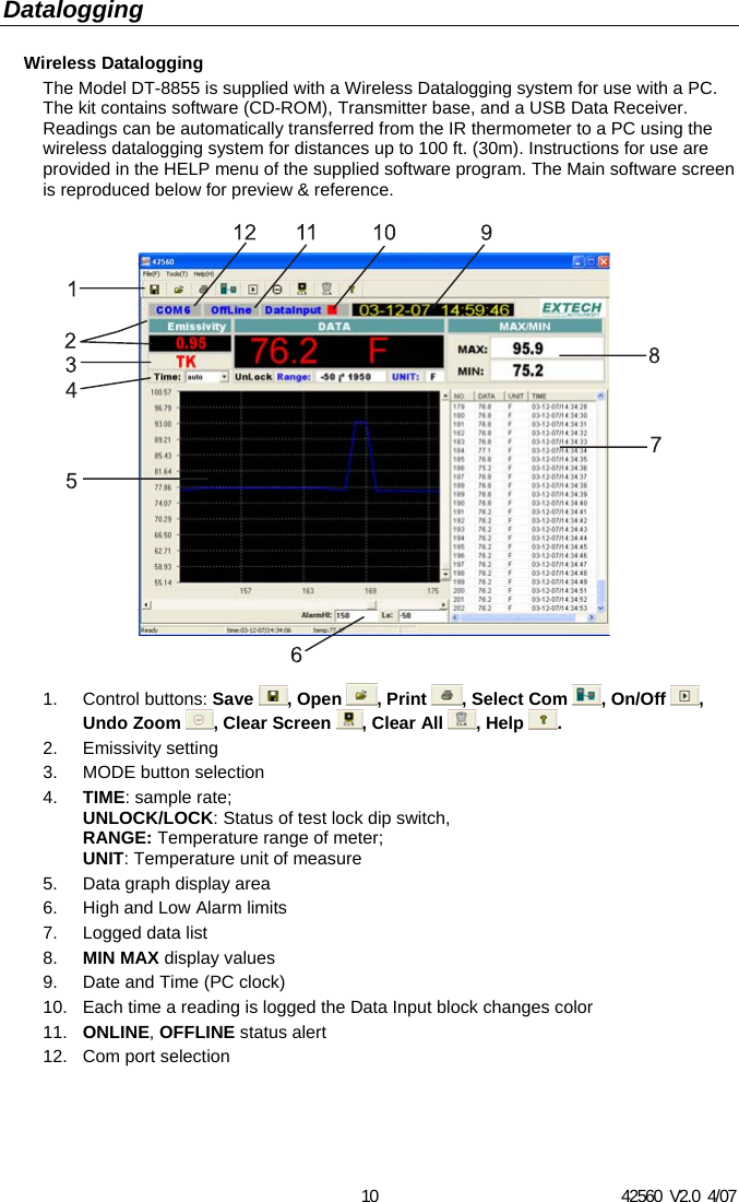 42560  V2.0  4/07 10 Datalogging Wireless Datalogging The Model DT-8855 is supplied with a Wireless Datalogging system for use with a PC. The kit contains software (CD-ROM), Transmitter base, and a USB Data Receiver. Readings can be automatically transferred from the IR thermometer to a PC using the wireless datalogging system for distances up to 100 ft. (30m). Instructions for use are provided in the HELP menu of the supplied software program. The Main software screen is reproduced below for preview &amp; reference.               1. Control buttons: Save  , Open  , Print  , Select Com  , On/Off  , Undo Zoom  , Clear Screen  , Clear All  , Help  . 2. Emissivity setting 3.  MODE button selection 4.  TIME: sample rate;  UNLOCK/LOCK: Status of test lock dip switch,  RANGE: Temperature range of meter;  UNIT: Temperature unit of measure 5.  Data graph display area 6.  High and Low Alarm limits 7.  Logged data list 8.  MIN MAX display values 9.  Date and Time (PC clock) 10.  Each time a reading is logged the Data Input block changes color 11.  ONLINE, OFFLINE status alert 12.  Com port selection 