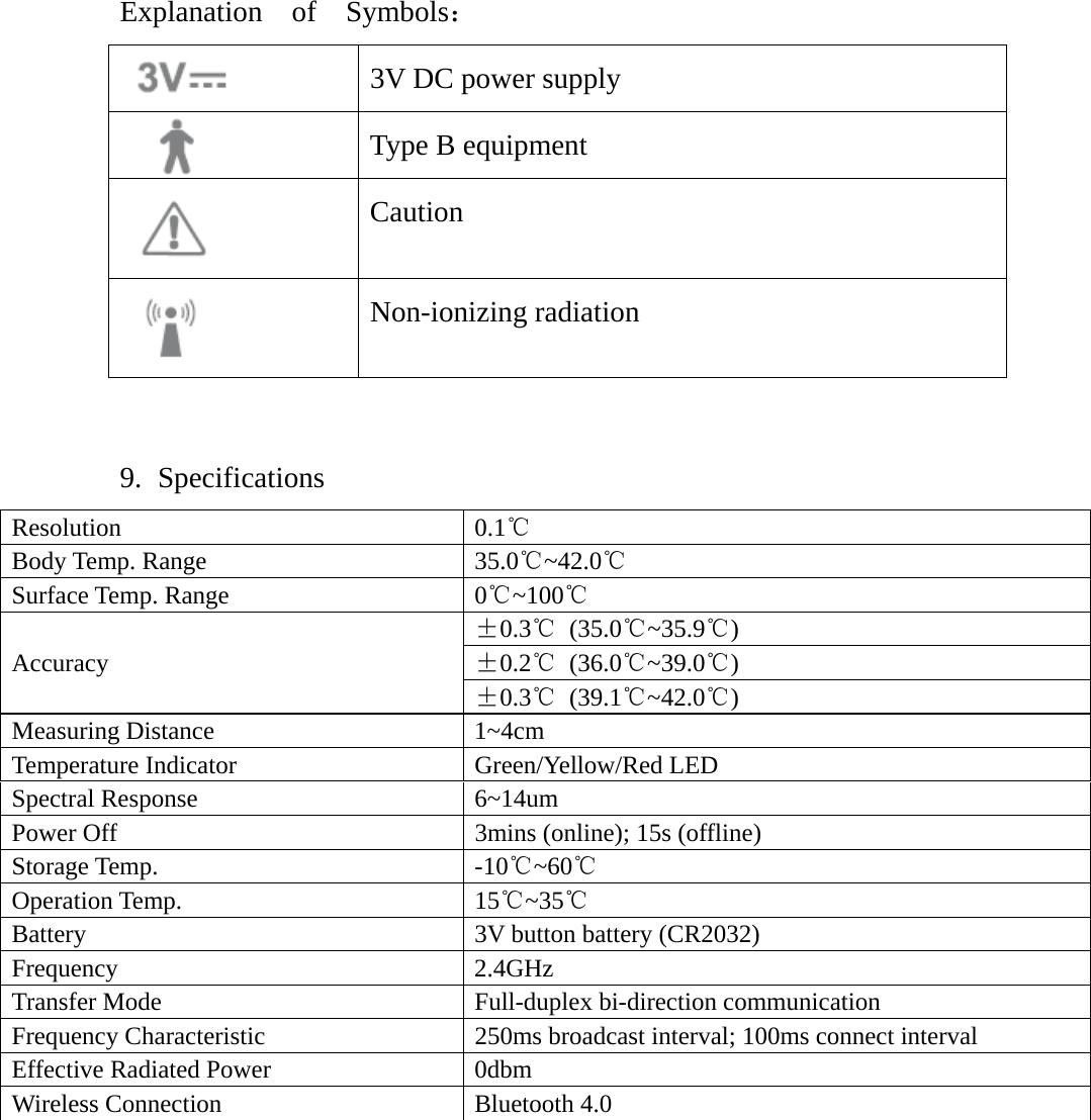 Explanation  of  Symbols：  3V DC power supply  Type B equipment    Caution   Non-ionizing radiation    9. Specifications Resolution 0.1℃ Body Temp. Range  35.0℃~42.0℃ Surface Temp. Range  0℃~100℃ Accuracy &plusmn;0.3℃ (35.0℃~35.9℃) &plusmn;0.2℃ (36.0℃~39.0℃) &plusmn;0.3℃ (39.1℃~42.0℃) Measuring Distance  1~4cm Temperature Indicator  Green/Yellow/Red LED   Spectral Response  6~14um Power Off  3mins (online); 15s (offline)   Storage Temp.  -10℃~60℃ Operation Temp.  15℃~35℃ Battery  3V button battery (CR2032) Frequency 2.4GHz Transfer Mode  Full-duplex bi-direction communication Frequency Characteristic  250ms broadcast interval; 100ms connect interval Effective Radiated Power  0dbm Wireless Connection  Bluetooth 4.0      
