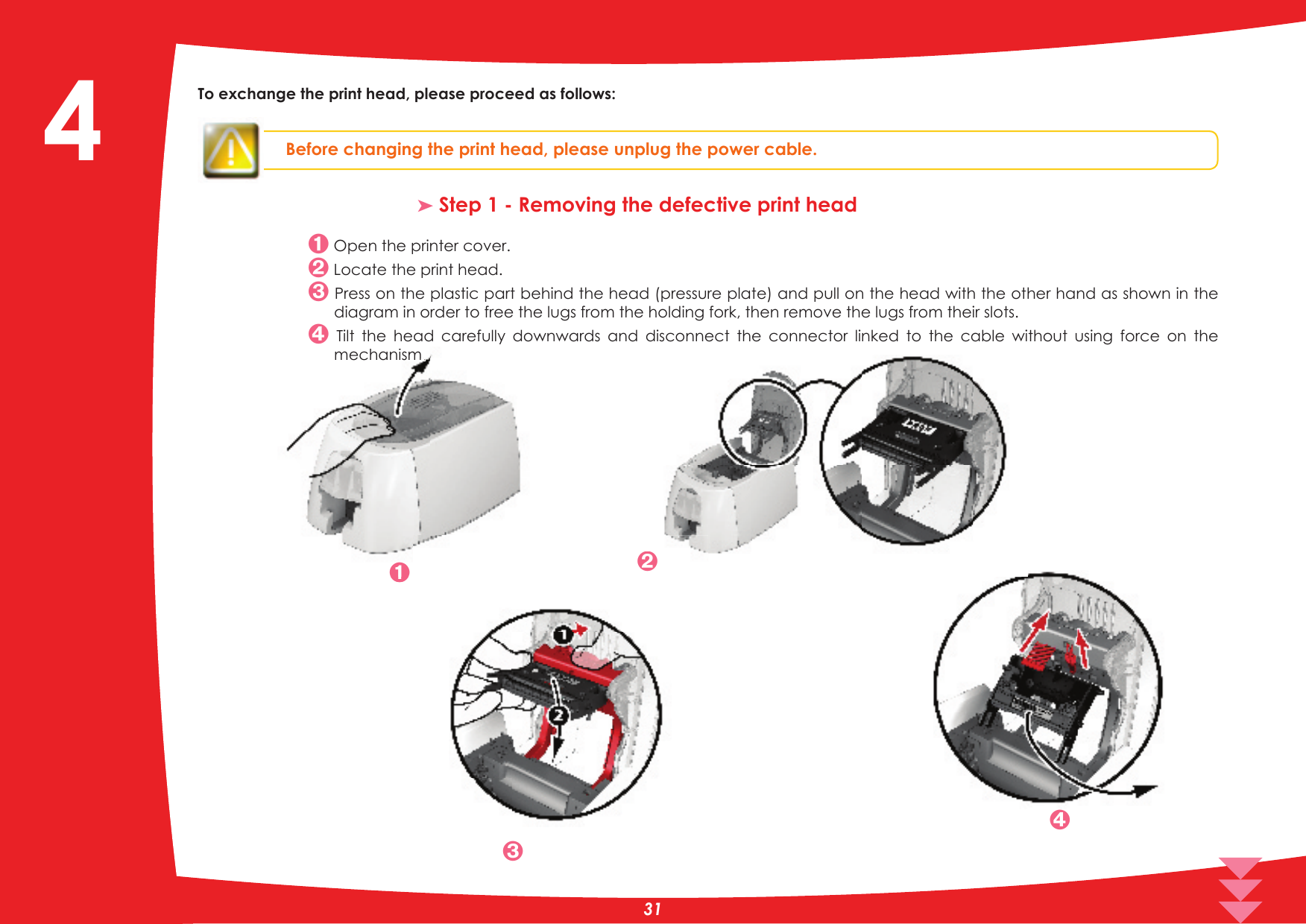 To exchange the print head, please proceed as follows:Before changing the print head, please unplug the power cable.³ Step 1 - Removing the defective print head Open the printer cover. Locate the print head. Press on the plastic part behind the head (pressure plate) and pull on the head with the other hand as shown in the diagram in order to free the lugs from the holding fork, then remove the lugs from their slots.  Tilt  the  head  carefully  downwards  and  disconnect  the  connector  linked  to  the  cable  without  using  force  on  the mechanism.4mechanism.m.m.m.m.m.m.m.m.m.m.m.m.m.m.m.m.m.m.m.m.