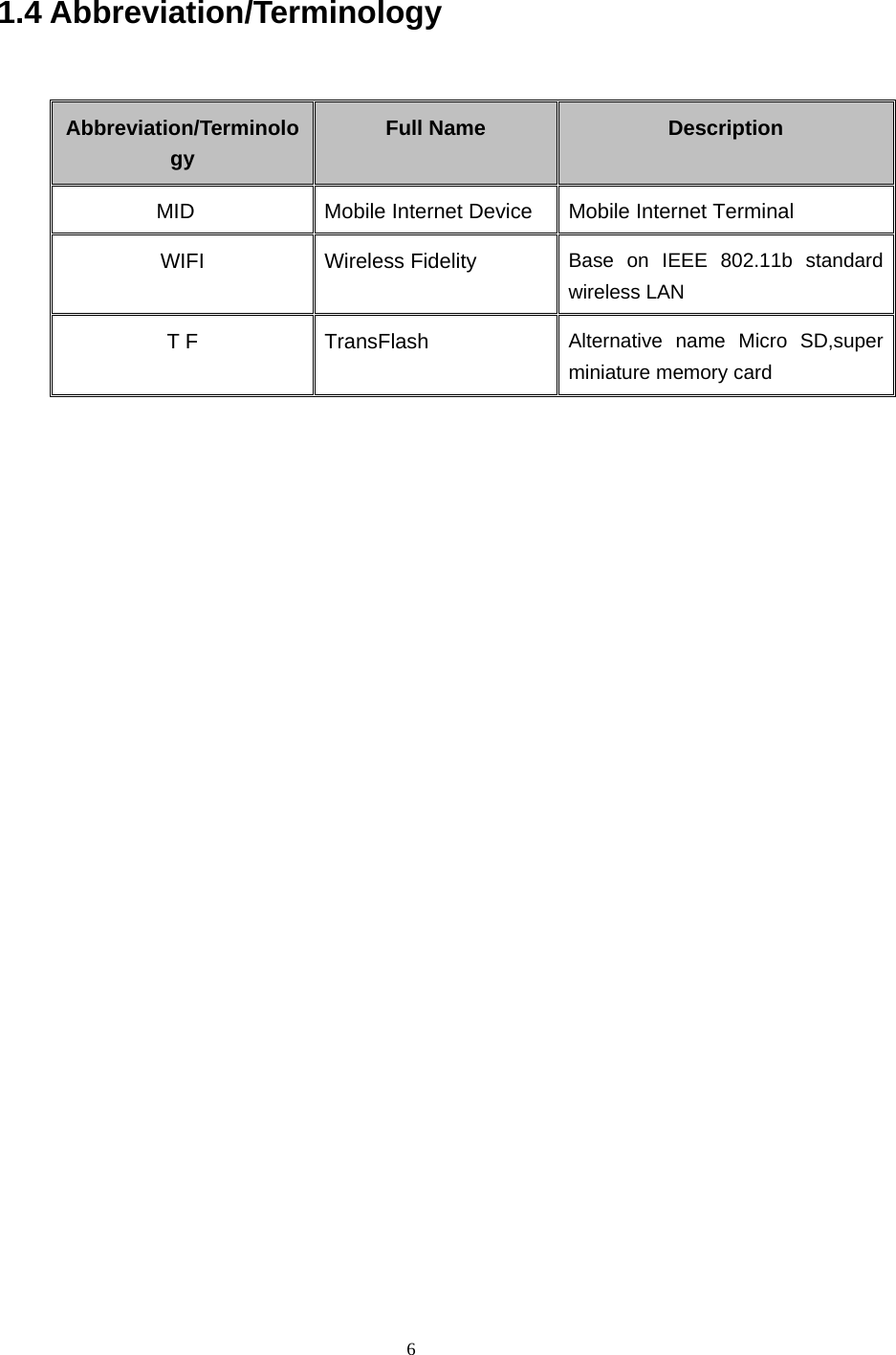     6 1.4 Abbreviation/Terminology  Abbreviation/Terminology Full Name  Description MID  Mobile Internet Device  Mobile Internet Terminal WIFI Wireless Fidelity Base on IEEE 802.11b standard wireless LAN T F  TransFlash  Alternative name Micro SD,super miniature memory card       