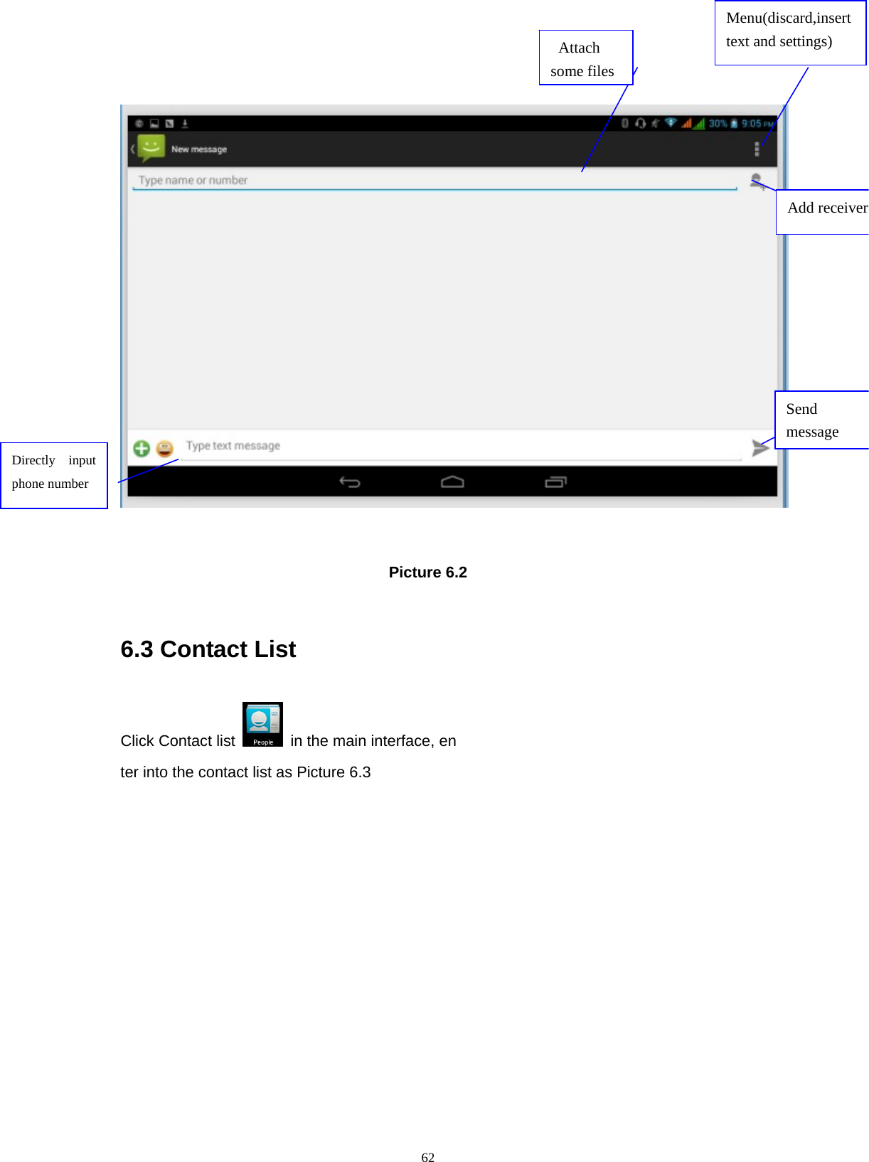     62   Picture 6.2  6.3 Contact List Click Contact list    in the main interface, en ter into the contact list as Picture 6.3 Directly input phone number Add receiverSend message  Attach some files Menu(discard,insert text and settings) 