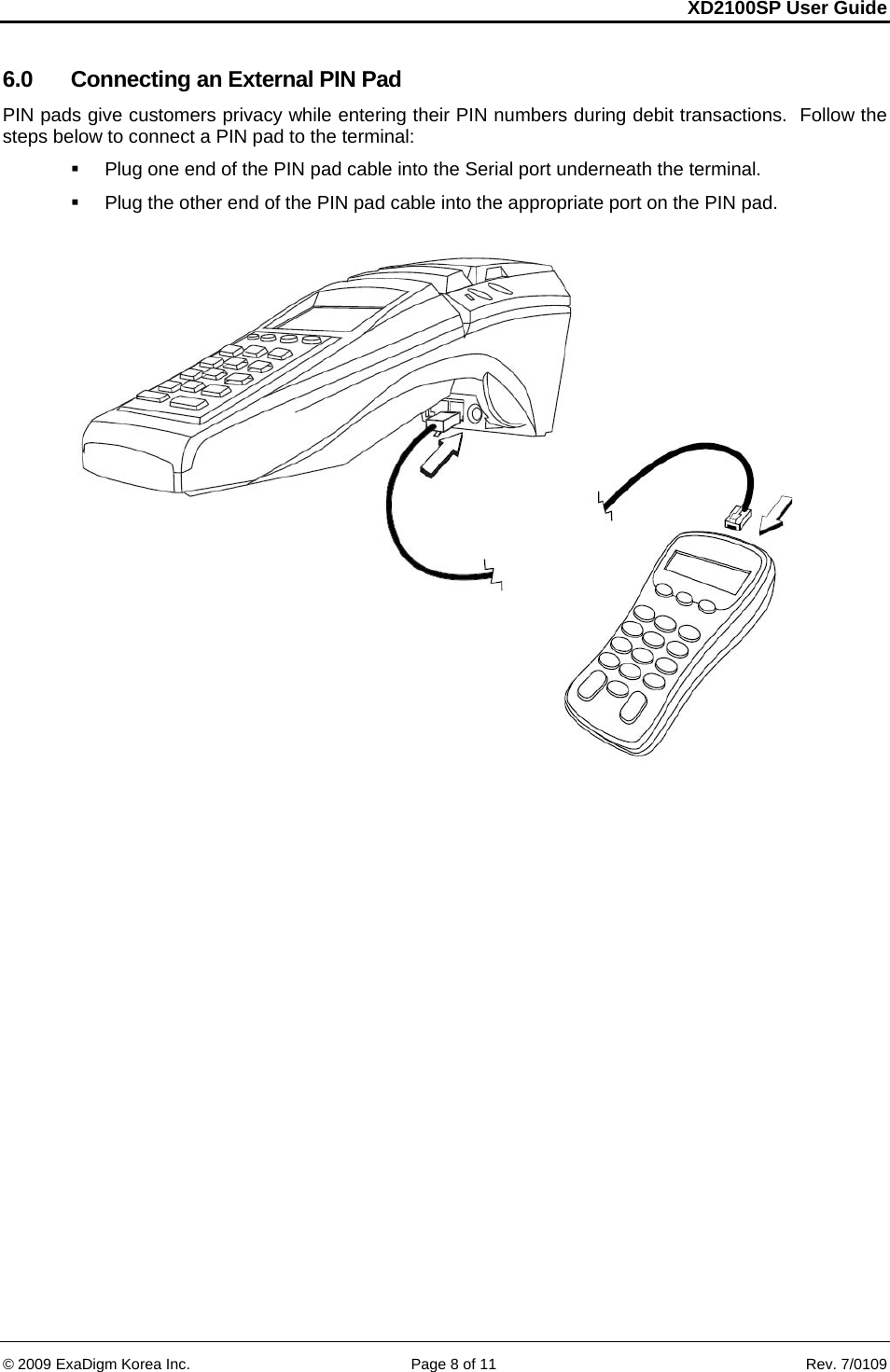 XD2100SP User Guide     &copy; 2009 ExaDigm Korea Inc.      Page 8 of 11    Rev. 7/0109 6.0  Connecting an External PIN Pad PIN pads give customers privacy while entering their PIN numbers during debit transactions.  Follow the steps below to connect a PIN pad to the terminal:    Plug one end of the PIN pad cable into the Serial port underneath the terminal.    Plug the other end of the PIN pad cable into the appropriate port on the PIN pad.    