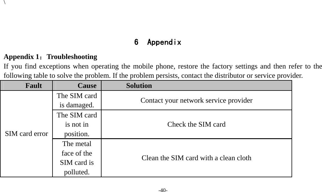  -40-       \   6 Appendix Appendix 1：Troubleshooting If you find exceptions when operating the mobile phone, restore the factory settings and then refer to the following table to solve the problem. If the problem persists, contact the distributor or service provider. Fault  Cause  Solution The SIM card is damaged.  Contact your network service provider The SIM card is not in position. Check the SIM card SIM card error The metal face of the SIM card is polluted. Clean the SIM card with a clean cloth 