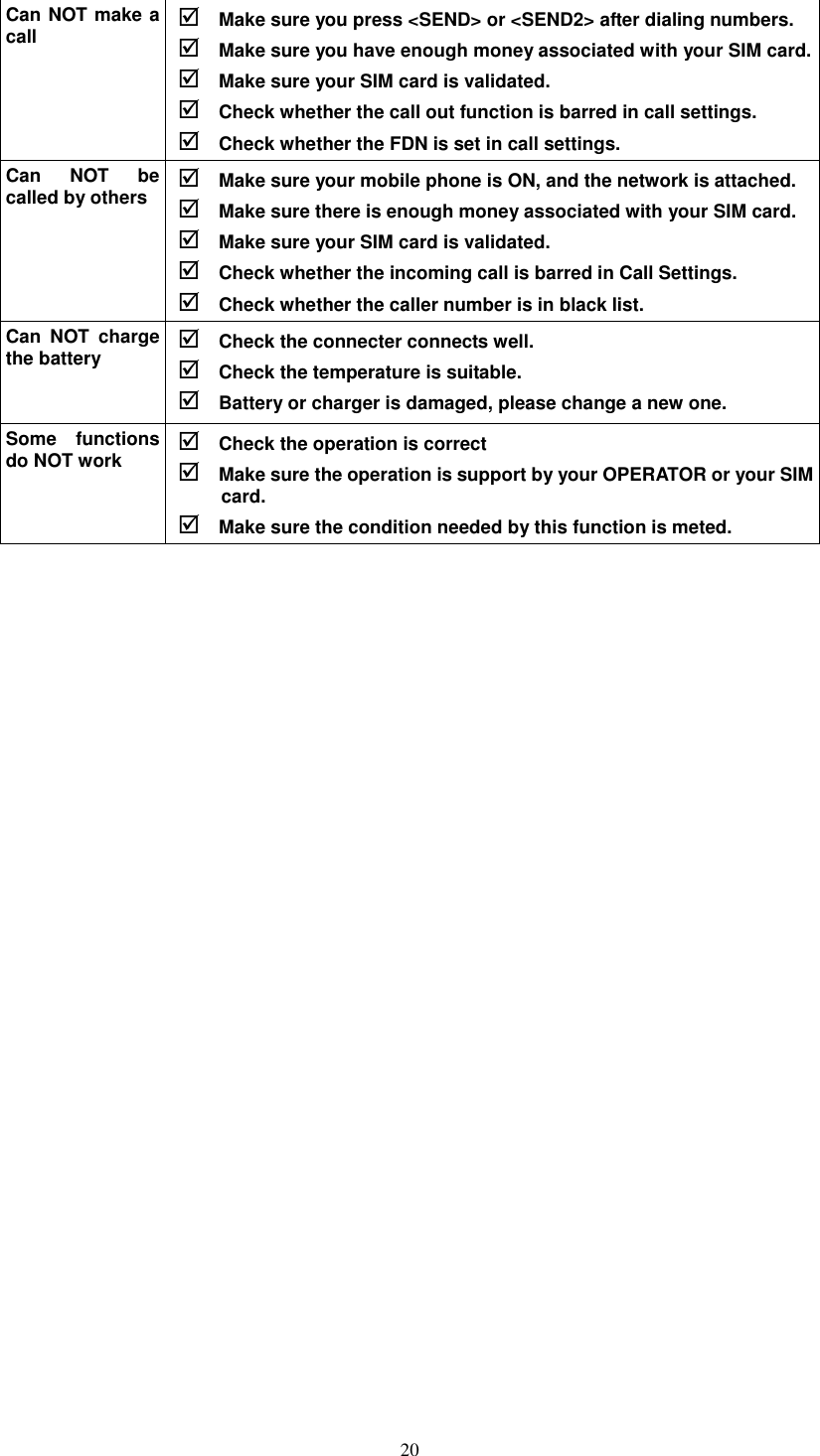   20 Can NOT make a call  Make sure you press &lt;SEND&gt; or &lt;SEND2&gt; after dialing numbers.  Make sure you have enough money associated with your SIM card.  Make sure your SIM card is validated.  Check whether the call out function is barred in call settings.      Check whether the FDN is set in call settings. Can  NOT  be called by others  Make sure your mobile phone is ON, and the network is attached.  Make sure there is enough money associated with your SIM card.  Make sure your SIM card is validated.  Check whether the incoming call is barred in Call Settings.  Check whether the caller number is in black list. Can  NOT  charge the battery  Check the connecter connects well.  Check the temperature is suitable.  Battery or charger is damaged, please change a new one. Some  functions do NOT work  Check the operation is correct  Make sure the operation is support by your OPERATOR or your SIM card.  Make sure the condition needed by this function is meted.    