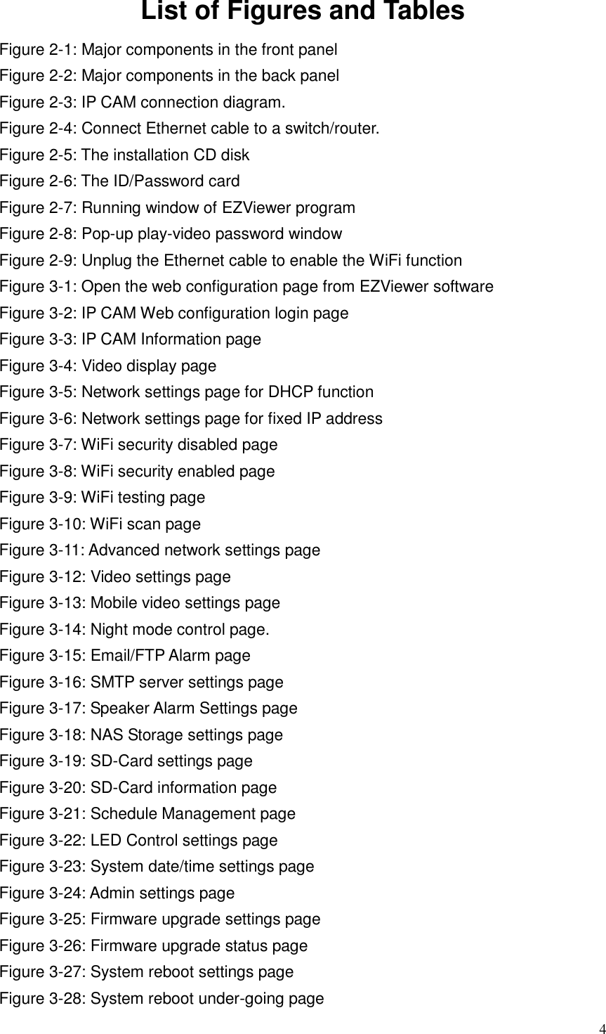  4 List of Figures and Tables Figure 2-1: Major components in the front panel Figure 2-2: Major components in the back panel Figure 2-3: IP CAM connection diagram. Figure 2-4: Connect Ethernet cable to a switch/router. Figure 2-5: The installation CD disk Figure 2-6: The ID/Password card Figure 2-7: Running window of EZViewer program Figure 2-8: Pop-up play-video password window Figure 2-9: Unplug the Ethernet cable to enable the WiFi function Figure 3-1: Open the web configuration page from EZViewer software Figure 3-2: IP CAM Web configuration login page Figure 3-3: IP CAM Information page Figure 3-4: Video display page Figure 3-5: Network settings page for DHCP function Figure 3-6: Network settings page for fixed IP address   Figure 3-7: WiFi security disabled page Figure 3-8: WiFi security enabled page Figure 3-9: WiFi testing page Figure 3-10: WiFi scan page Figure 3-11: Advanced network settings page Figure 3-12: Video settings page Figure 3-13: Mobile video settings page Figure 3-14: Night mode control page. Figure 3-15: Email/FTP Alarm page Figure 3-16: SMTP server settings page Figure 3-17: Speaker Alarm Settings page Figure 3-18: NAS Storage settings page Figure 3-19: SD-Card settings page Figure 3-20: SD-Card information page Figure 3-21: Schedule Management page Figure 3-22: LED Control settings page Figure 3-23: System date/time settings page Figure 3-24: Admin settings page Figure 3-25: Firmware upgrade settings page Figure 3-26: Firmware upgrade status page Figure 3-27: System reboot settings page Figure 3-28: System reboot under-going page 