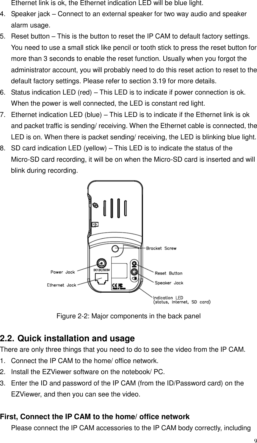 9 Ethernet link is ok, the Ethernet indication LED will be blue light. 4. Speaker jack – Connect to an external speaker for two way audio and speakeralarm usage.5. Reset button – This is the button to reset the IP CAM to default factory settings.You need to use a small stick like pencil or tooth stick to press the reset button formore than 3 seconds to enable the reset function. Usually when you forgot theadministrator account, you will probably need to do this reset action to reset to thedefault factory settings. Please refer to section 3.19 for more details.6. Status indication LED (red) – This LED is to indicate if power connection is ok.When the power is well connected, the LED is constant red light.7. Ethernet indication LED (blue) – This LED is to indicate if the Ethernet link is okand packet traffic is sending/ receiving. When the Ethernet cable is connected, theLED is on. When there is packet sending/ receiving, the LED is blinking blue light.8. SD card indication LED (yellow) – This LED is to indicate the status of theMicro-SD card recording, it will be on when the Micro-SD card is inserted and willblink during recording.Figure 2-2: Major components in the back panel 2.2. Quick installation and usage There are only three things that you need to do to see the video from the IP CAM. 1. Connect the IP CAM to the home/ office network.2. Install the EZViewer software on the notebook/ PC.3. Enter the ID and password of the IP CAM (from the ID/Password card) on theEZViewer, and then you can see the video.First, Connect the IP CAM to the home/ office network Please connect the IP CAM accessories to the IP CAM body correctly, including 