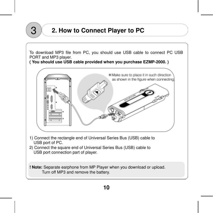  10   3  2. How to Connect Player to PC    To download MP3 file from PC, you should use USB cable to connect PC USB PORT and MP3 player. ( You should use USB cable provided when you purchase EZMP-2000. )    1) Connect the rectangle end of Universal Series Bus (USB) cable to   USB port of PC. 2) Connect the square end of Universal Series Bus (USB) cable to   USB port connection part of player.    ! Note: Separate earphone from MP Player when you download or upload.         Turn off MP3 and remove the battery.    