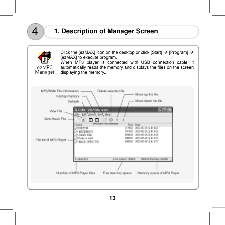  13    4  1. Description of Manager Screen   Click the [ezMAX] icon on the desktop or click [Start]  [Program]  [ezMAX] to execute program.   When MP3 player is connected with USB connection cable, it automatically reads the memory and displays the files on the screen displaying the memory..     