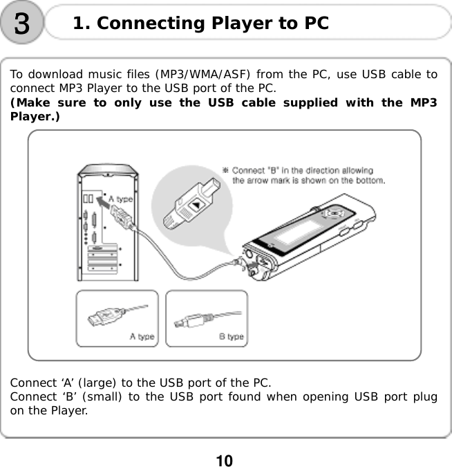  10    3 31. Connecting Player to PC  To download music files (MP3/WMA/ASF) from the PC, use USB cable to connect MP3 Player to the USB port of the PC. (Make sure to only use the USB cable supplied with the MP3 Player.)      Connect &lsquo;A&rsquo; (large) to the USB port of the PC. Connect &lsquo;B&rsquo; (small) to the USB port found when opening USB port plug on the Player.   