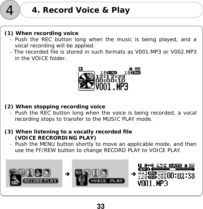  33     4 4. Record Voice &amp; Play  (1) When recording voice - Push the REC button long when the music is being played, and a vocal recording will be applied. - The recorded file is stored in such formats as V001.MP3 or V002.MP3 in the VOICE folder.     (2) When stopping recording voice -󰚟Push the REC button long when the voice is being recorded, a vocal recording stops to transfer to the MUSIC PLAY mode.  (3) When listening to a vocally recorded file  (VOICE RECRORDING PLAY) -󰚟Push the MENU button shortly to move an applicable mode, and then use the FF/REW button to change RECORD PLAY to VOICE PLAY.                
