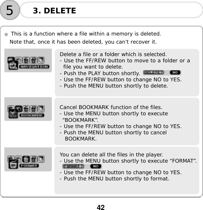  42    53. DELETE  ◎ This is a function where a file within a memory is deleted. Note that, once it has been deleted, you can&rsquo;t recover it.   Delete a file or a folder which is selected. - Use the FF/REW button to move to a folder or afile you want to delete. - Push the PLAY button shortly.   - Use the FF/REW button to change NO to YES. - Push the MENU button shortly to delete.      Cancel BOOKMARK function of the files. - Use the MENU button shortly to execute  &ldquo;BOOKMARK&rdquo;. - Use the FF/REW button to change NO to YES. - Push the MENU button shortly to cancel BOOKMARK.      You can delete all the files in the player. - Use the MENU button shortly to execute &ldquo;FORMAT&rdquo;.   - Use the FF/REW button to change NO to YES. - Push the MENU button shortly to format.      
