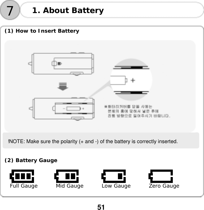  51  71. About Battery     (1) How to Insert Battery    !NOTE: Make sure the polarity (+ and -) of the battery is correctly inserted.    (2) Battery Gauge                                Full Gauge       Mid Gauge       Low Gauge       Zero Gauge   