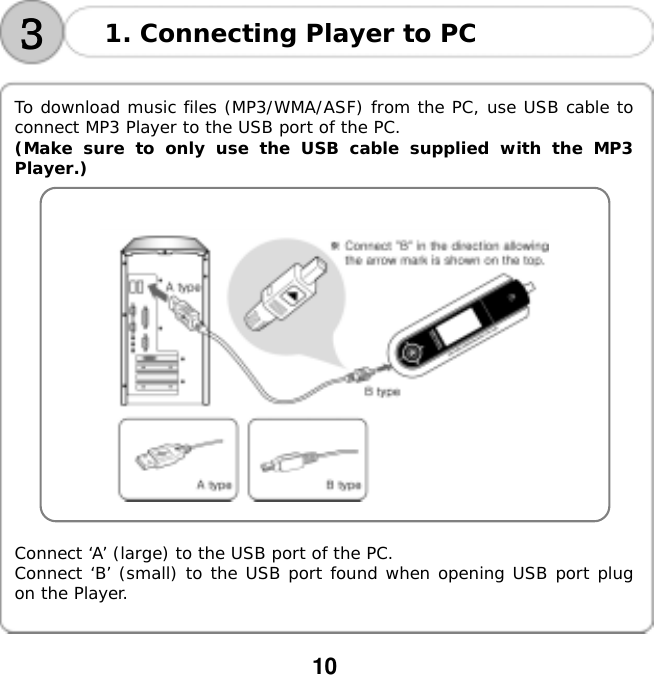  10    3 31. Connecting Player to PC  To download music files (MP3/WMA/ASF) from the PC, use USB cable to connect MP3 Player to the USB port of the PC. (Make sure to only use the USB cable supplied with the MP3 Player.)      Connect &lsquo;A&rsquo; (large) to the USB port of the PC. Connect &lsquo;B&rsquo; (small) to the USB port found when opening USB port plug on the Player.   