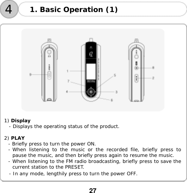  27    41. Basic Operation (1)     1) Display   - Displays the operating status of the product.  2) PLAY  - Briefly press to turn the power ON. - When listening to the music or the recorded file, briefly press to pause the music, and then briefly press again to resume the music. - When listening to the FM radio broadcasting, briefly press to save the current station to the PRESET. - In any mode, lengthily press to turn the power OFF.    