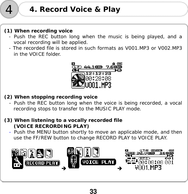  33     4 4. Record Voice &amp; Play  (1) When recording voice - Push the REC button long when the music is being played, and a vocal recording will be applied. - The recorded file is stored in such formats as V001.MP3 or V002.MP3 in the VOICE folder.    (2) When stopping recording voice -󰚟Push the REC button long when the voice is being recorded, a vocal recording stops to transfer to the MUSIC PLAY mode.  (3) When listening to a vocally recorded file  (VOICE RECRORDING PLAY) -󰚟Push the MENU button shortly to move an applicable mode, and then use the FF/REW button to change RECORD PLAY to VOICE PLAY.        