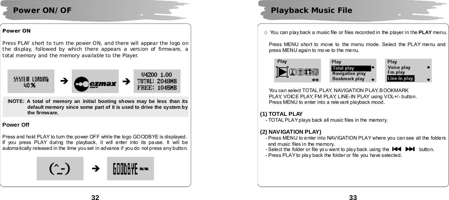  32       Power ON  Press PLAY short to turn the power ON, and there will appear the logo on the display, followed by which there appears a version of firmware, a total memory and the memory available to the Player.                    !NOTE: A total of memory an initial booting shows may be less than its default memory since some part of it is used to drive the system by the firmware.   Power Off  Press and hold PLAY to turn the power OFF while the logo GOODBYE is displayed . If you press PLAY during the playback, it will enter into its pause. It will be automatically released in the time you set in advance if  you do not press any button.              &Icirc; &Icirc; Power ON/OF &Icirc;  33      ◎  You can p lay back a music file or files recorded in  the player in the PLAY menu.  Press MENU short to move to the menu mode. Select the PLAY menu and press MENU again to move to the me nu.             You can select TOTAL P LAY, NAVIGATION PLAY, B OOKMARK   PLAY, VOICE PLAY, FM PLAY, LINE-IN PLAY using VOL+/- button. Press MENU to enter into a rele vant playback mood.  (1) TOTAL PLAY - TOTAL PLAY plays back all music files in the  memory.  (2) NAVIGATION PLAY) - Press MENU to enter into NAVIGATION PLAY where you can see  all the folde rs and music files in the memory.   - Select the  folder or file yo u want to play back using  the      butto n. - Press PLAY to pla y back the  folder or file you have selected.         Playback Music File 