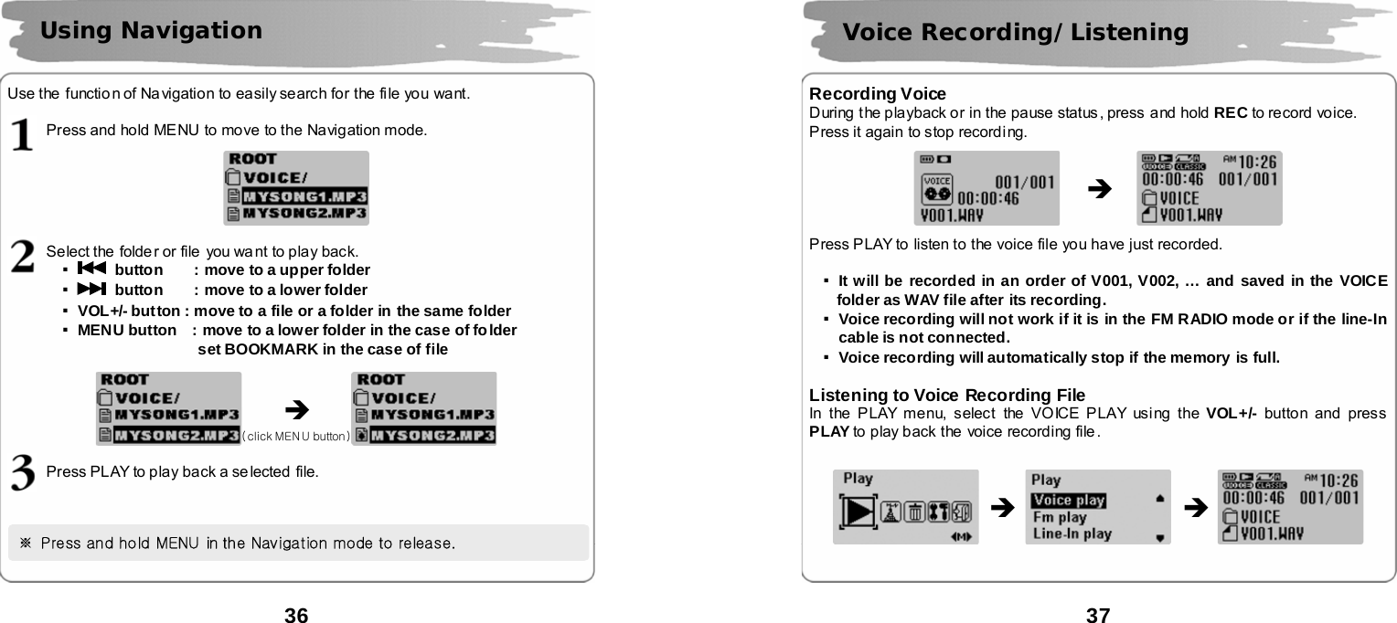  36       Use the  functio n of Navigation to easily search for the file you  want.  Press and hold MENU to move to the Navigation mode.    Select the  folde r or file  you wa nt to play back. ▪ button    : move to a upper folder  ▪ button    : move to a lower folder ▪VOL+/- button : move to a file or a folder in the same folder ▪MENU button    : move to a lower folder in the case of folder                set BOOKMARK in the case of file                   Press PLAY to play back a se lected file.         Using Navigation &Icirc;    ※  Press and ho ld MENU in the Navigation mode to release.   ( click ME N U button )   37       Recording Voice During the playback or in the pause status , press and hold REC to record voice.   Press it again  to stop recording.                 Press PLAY to listen to the voice file you have just recorded.    ▪It will be recorded in an order of V001, V002, &hellip; and saved in the VOICE folder as WAV file after its recording. ▪Voice recording will not work if it is in the  FM RADIO mode or if the line-In cable is not connected. ▪Voice recording will automatically stop if the memory is full.  Listening to Voice Recording File In the PLAY menu, select  the VOICE PLAY using the VOL+/- button and press PLAY to play back the voice recording file.                       Voice Recording/Listening &Icirc; &Icirc; &Icirc; 