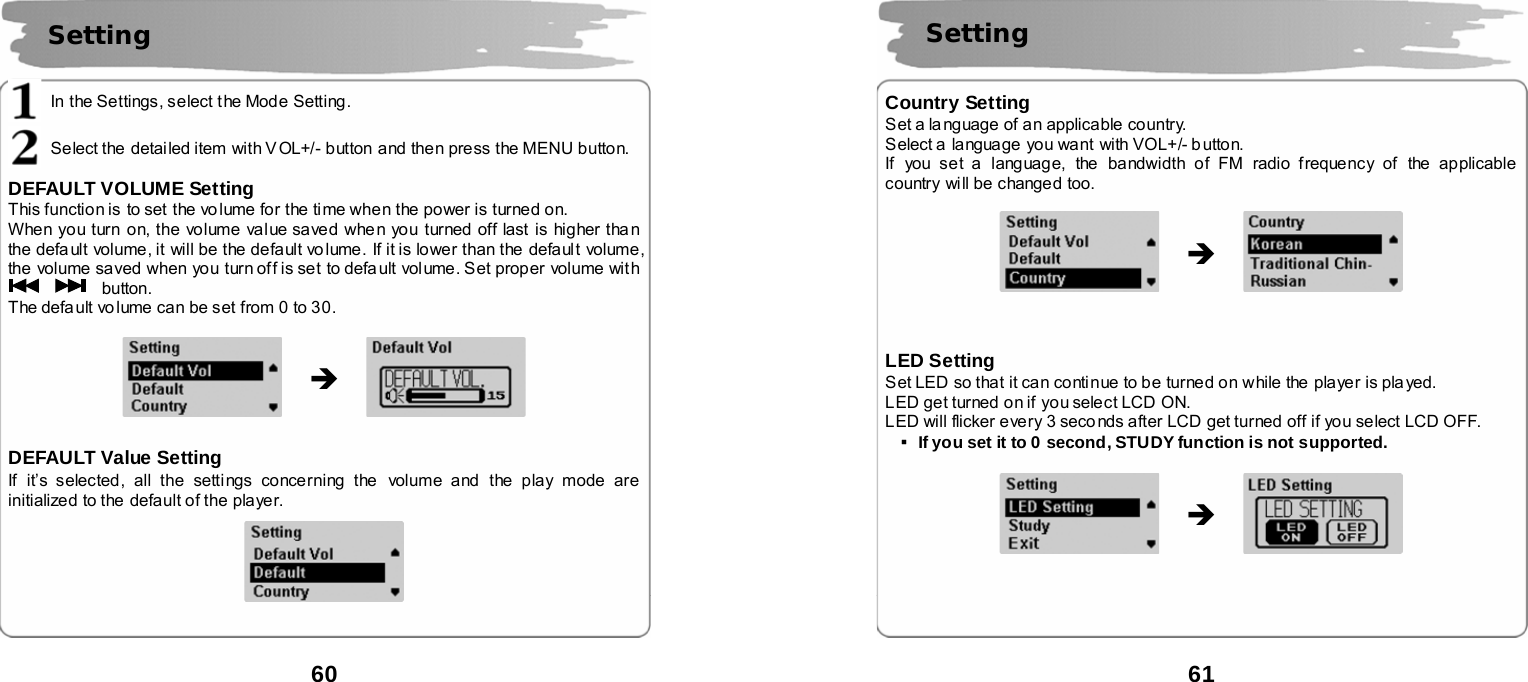  60      In the Settings, select the Mode Setting.  Select the  detailed item with V OL+/- button and then press the MENU button.  DEFAULT VOLUME Setting This function is to set  the vo lume for the ti me when the power is turned on. When you turn on, the volume value saved whe n you turned off last  is higher tha n the default volume, it will be the default vo lume.  If it is lower than the  default volume, the volume saved when you turn off is set to default volume. Set proper volume with     button. The default vo lume can be set from 0 to 30.                DEFAULT Value Setting If it&rsquo;s selected, all the settings concerning the volume and the play mode are initialized to the default of the player.      Setting   &Icirc;  61       Country Setting Set a la nguage of an applicable country. Select a language you want  with VOL+/- b utton. If you set a language, the  bandwidth of FM radio frequency of  the applicable country will be changed too.                 LED Setting Set LED so that it can continue to be turned on w hile the  player is pla yed.   LED get turned on if you select LCD  ON. LED will flicker every 3 seco nds after LCD get turned off if you select LCD OFF. ▪If you set it to 0 second, STUDY function is not supported.                   Setting  &Icirc; &Icirc; 