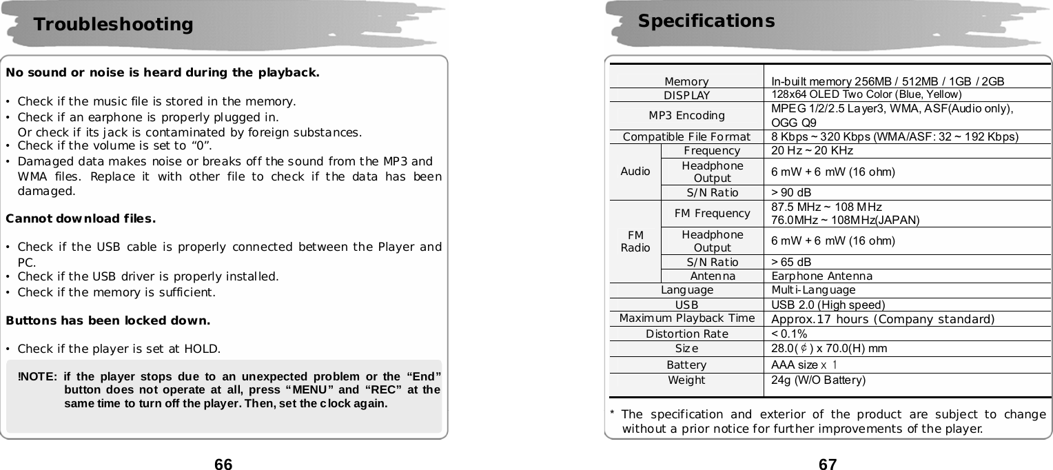  66      No sound or noise is heard during the playback.  &bull;Check if the music file is stored in the memory. &bull;Check if an earphone is properly plugged in. Or check if its jack is contaminated by foreign substances. &bull;Check if the volume is set to &ldquo;0&rdquo;. &bull;Damaged data makes noise or breaks off the sound from the MP3 and  WMA files. Replace it with other file to check if the data has been damaged.  Cannot download files.  &bull;Check if the USB cable is properly connected between the Player and PC. &bull;Check if the USB driver is properly installed. &bull;Check if the memory is sufficient.  Buttons has been locked down.  &bull;Check if the player is set at HOLD.  !NOTE: if the player stops due to an unexpected problem or the &ldquo;End&rdquo; button does not operate at all, press &ldquo;MENU&rdquo; and &ldquo;REC&rdquo; at the same time to turn off the player. Then, set the clock again.   Troubleshooting  67      Memory  In-built memory 256MB / 512MB / 1GB / 2GB DISPLAY  128x64 OLED Two Color ( Blue, Yellow) MP3 Encoding  MPEG 1/2/2.5 La yer3, WMA, ASF(Audio only), OGG  Q9 Compatible File Format  8 Kbps ~ 320 Kbps (WMA/ASF: 32 ~ 192 Kbps) Frequency  20 Hz ~ 20 KHz Headphone Output  6 mW + 6  mW (16 ohm) Audio S/N Ratio  > 90 dB FM Frequency  87.5 MHz ~ 108 MHz 76.0MHz ~ 108MHz(JAPAN) Headphone Output  6 mW + 6  mW (16 ohm) S/N Ratio  > 65 dB FM Radio Antenna Earphone Antenna Language Multi-Language USB  USB 2.0 (High speed) Maximum Playback Time  Approx.17 hours (Company standard) Distortion Rate  < 0.1% Size  28.0(￠) x 70.0(H) mm Battery  AAA size x 1 Weight  24g (W/O Battery)  *  The specification and exterior of the product are subject to change without a prior notice for further improvements of the player.  Specifications 