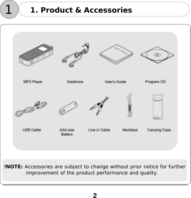  2         !NOTE: Accessories are subject to change without prior notice for further improvement of the product performance and quality. 1. Product &amp; Accessories 1
