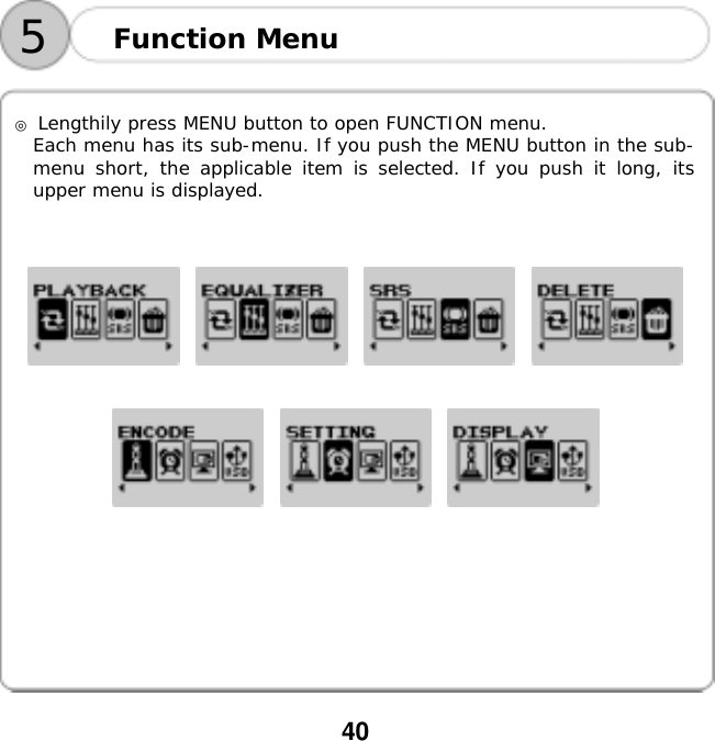  40       ◎ Lengthily press MENU button to open FUNCTION menu. Each menu has its sub-menu. If you push the MENU button in the sub-menu short, the applicable item is selected. If you push it long, its upper menu is displayed.                           Function Menu 5