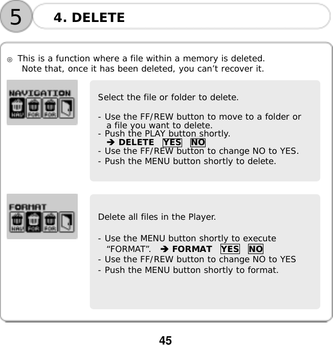  45      ◎ This is a function where a file within a memory is deleted. Note that, once it has been deleted, you can&rsquo;t recover it.             4. DELETE 5Select the file or folder to delete.  - Use the FF/REW button to move to a folder or a file you want to delete. - Push the PLAY button shortly.   DELETE  YES  NO - Use the FF/REW button to change NO to YES. - Push the MENU button shortly to delete. Delete all files in the Player.  - Use the MENU button shortly to execute &ldquo;FORMAT&rdquo;.   FORMAT  YES  NO - Use the FF/REW button to change NO to YES - Push the MENU button shortly to format. 