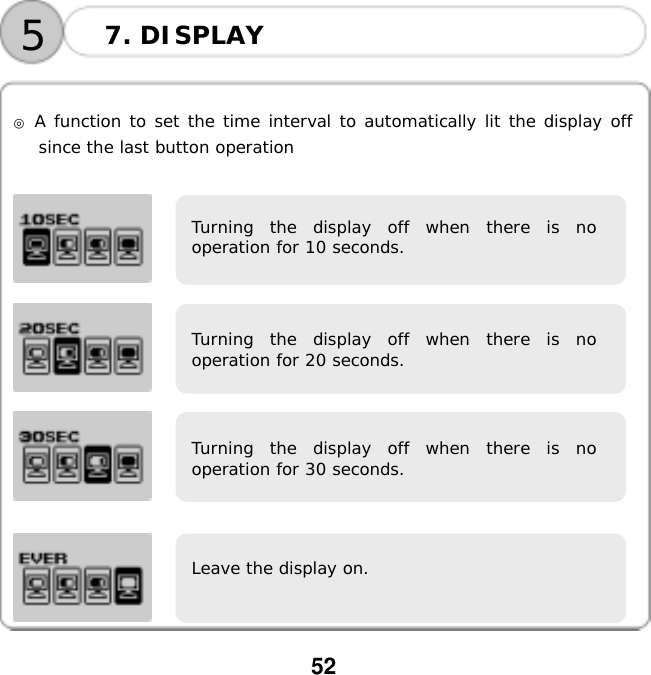  52        ◎ A function to set the time interval to automatically lit the display off since the last button operation            7. DISPLAY 5Turning the display off when there is nooperation for 10 seconds. Turning the display off when there is nooperation for 20 seconds. Leave the display on. Turning the display off when there is nooperation for 30 seconds. 