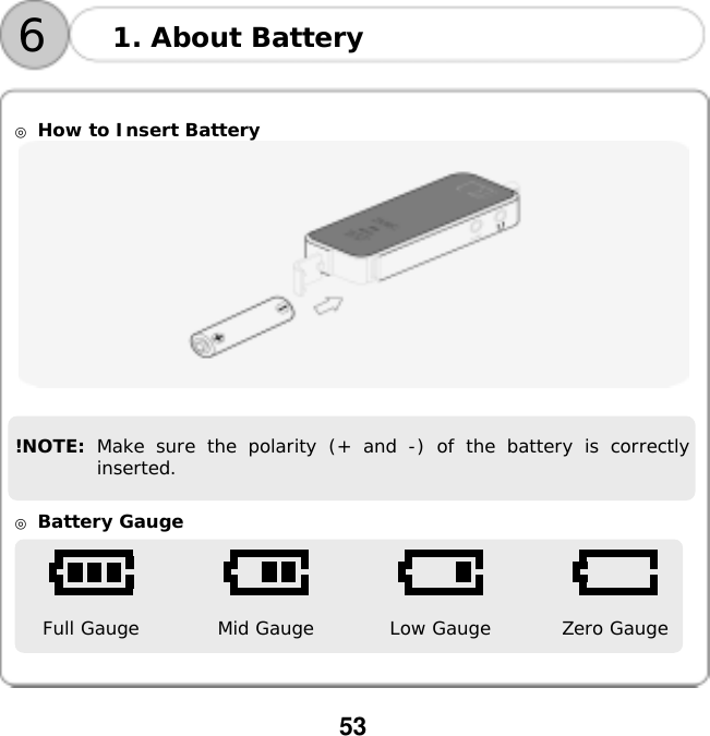  53       ◎ How to Insert Battery    !NOTE:  Make sure the polarity (+ and -) of the battery is correctly inserted.   ◎ Battery Gauge    Full Gauge   Mid Gauge   Low Gauge   Zero Gauge 1. About Battery 6