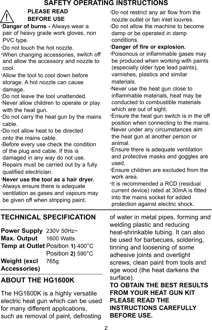 Page 2 of 8 - Earlex Earlex-Heating-Gun-Kit-Hg-1600K-Users-Manual- Hg1600  Earlex-heating-gun-kit-hg-1600k-users-manual