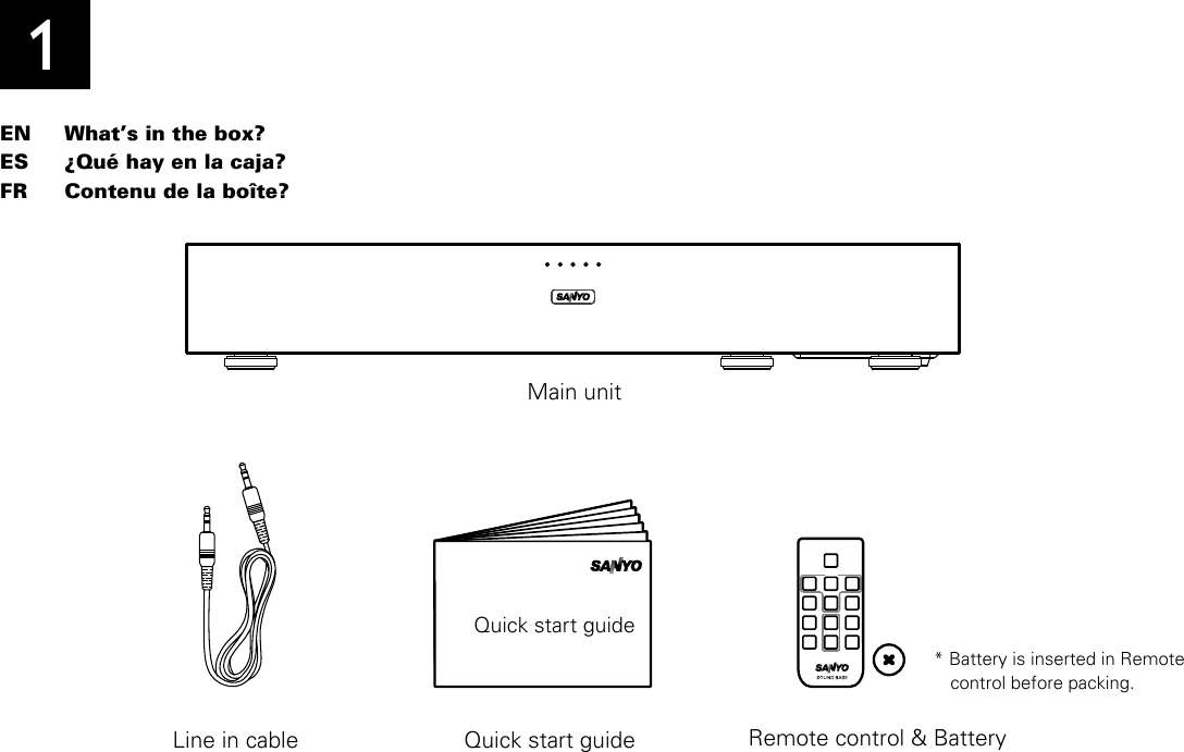 EN   What’s in the box?ES   ¿Qué hay en la caja?FR   Contenu de la boîte?1Main unitRemote control &amp; Battery Line in cable Quick start guideQuick start guidecontrol before packing.* Battery is inserted in Remote 