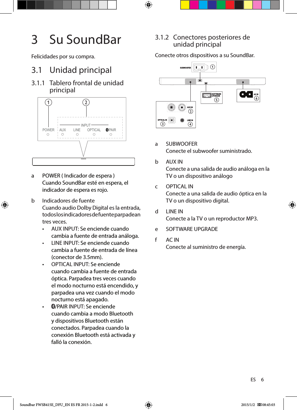 ES     63  Su SoundBarFelicidades por su compra.3.1  Unidad principal3.1.1  Tablero frontal de unidad principalPOWER LINE PAIRINPUTAUX  OPTICALab a  POWER ( Indicador de espera )Cuando SoundBar esté en espera, el indicador de espera es rojo. b  Indicadores de fuenteCuando audio Dolby Digital es la entrada, todos los indicadores de fuente parpadean tres veces.• AUXINPUT: Se enciende cuando cambia a fuente de entrada análoga. • LINE INPUT: Se enciende cuando cambia a fuente de entrada de línea (conector de 3.5mm).• OPTICAL INPUT: Se enciende cuando cambia a fuente de entrada óptica. Parpadea tres veces cuando el modo nocturno está encendido, y parpadea una vez cuando el modo nocturno está apagado.• /PAIR INPUT: Se enciende cuando cambia a modo Bluetooth y dispositivos Bluetooth están conectados. Parpadea cuando la conexión Bluetooth está activada y falló la conexión.3.1.2  Conectores posteriores de unidad principalConecte otros dispositivos a su SoundBar.SUBWOOFER AUX INLINE IN      OPTICAL INAC INSOFTWAREUPGRADE  abcdefa  SUBWOOFERConecte el subwoofer suministrado.b  AUXINConecte a una salida de audio análoga en la TV o un dispositivo análogoc  OPTICAL INConecte a una salida de audio óptica en la TV o un dispositivo digital.d  LINE INConecte a la TV o un reproductor MP3.e  SOFTWARE UPGRADEf  AC INConecte al suministro de energía.Soundbar FWSB415E_DFU_EN ES FR 2015-1-2.indd   6 2015/1/2    08:45:03